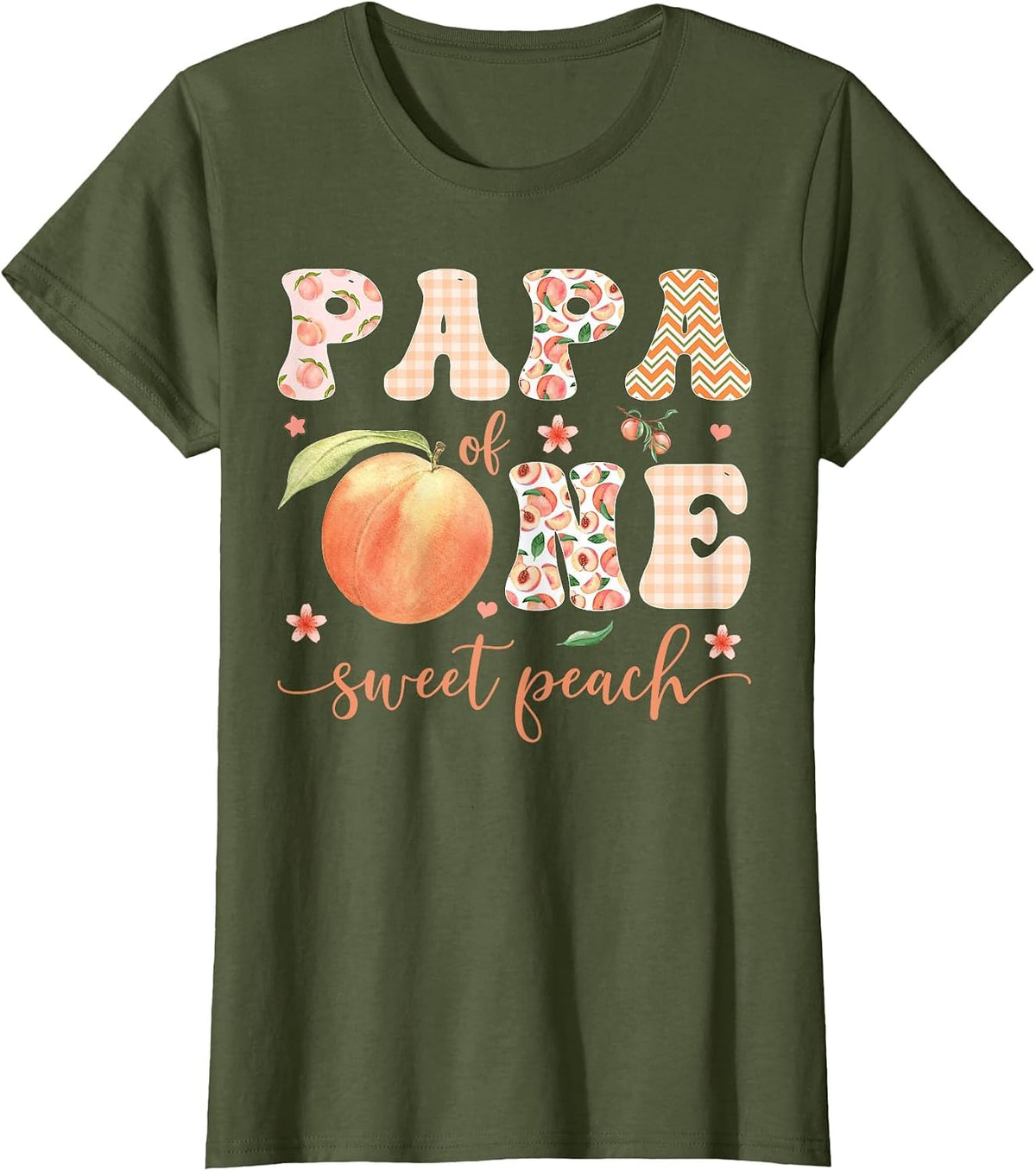 Papa of One Sweet Peach 1st Birthday Girl Party T-Shirt - Olive Green