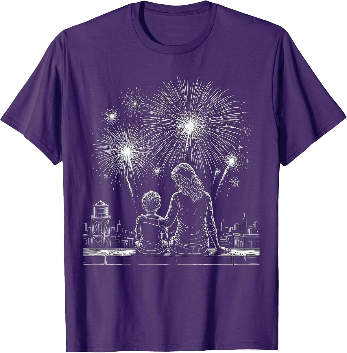 Boy Mama Rooftop Fireworks Mother Son Design T-Shirt - Purple