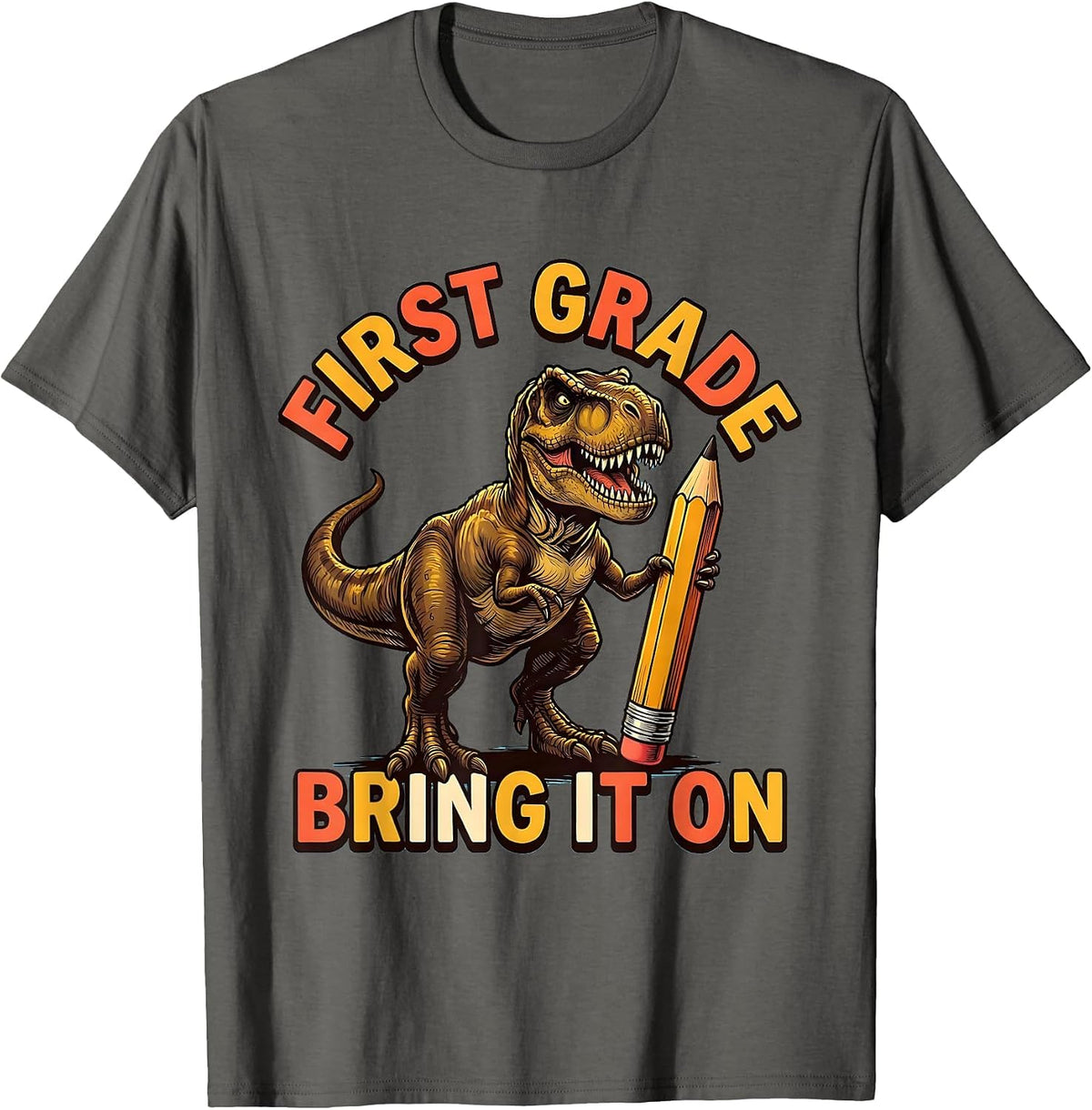 First Grade Bring It On Stomping T-Rex Dinosaur Boy Back T-Shirt - Asphalt Grey