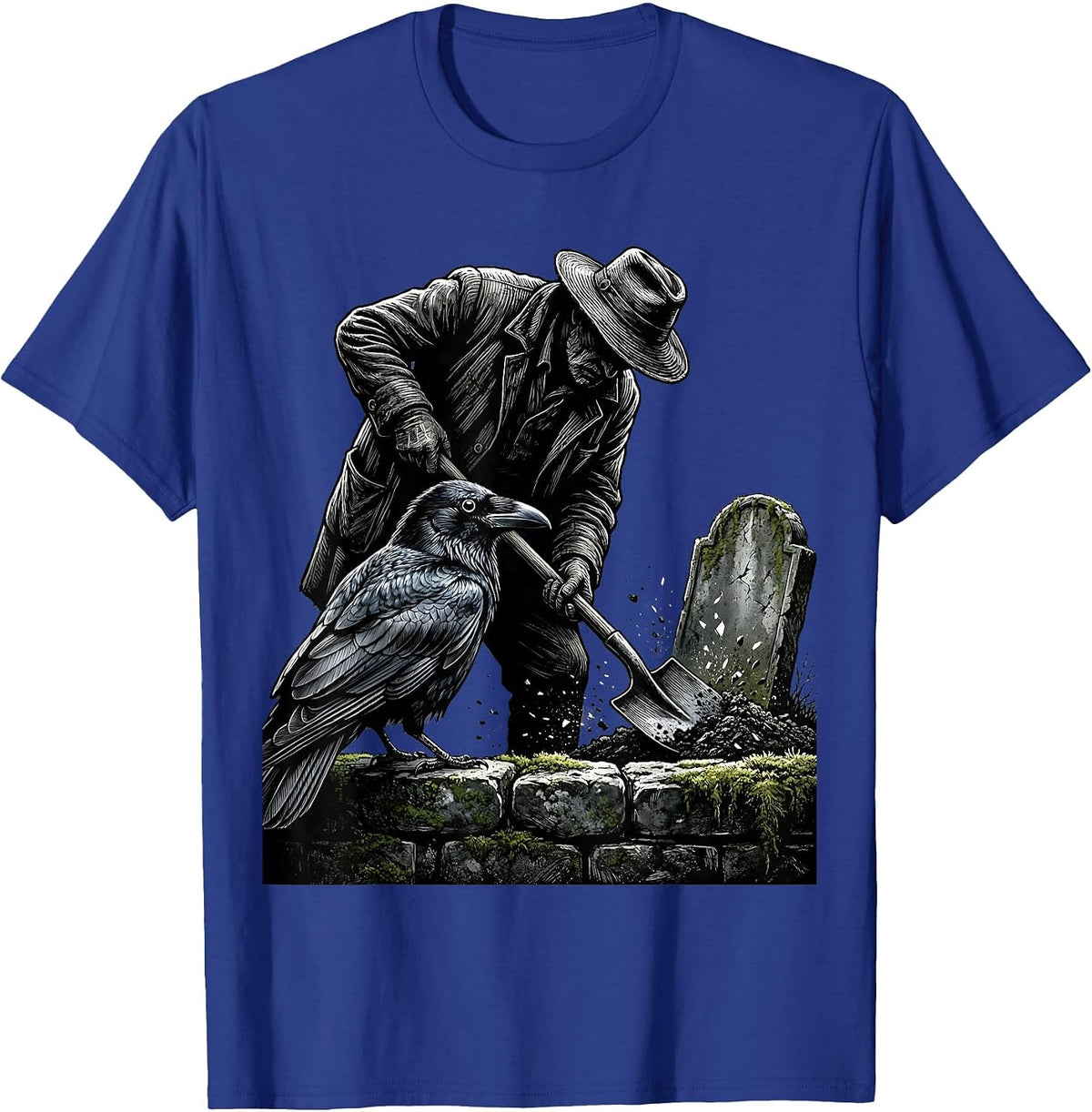 Raven Watches Gravedigger Stone Wall Gothic Art T-Shirt - Royal Blue