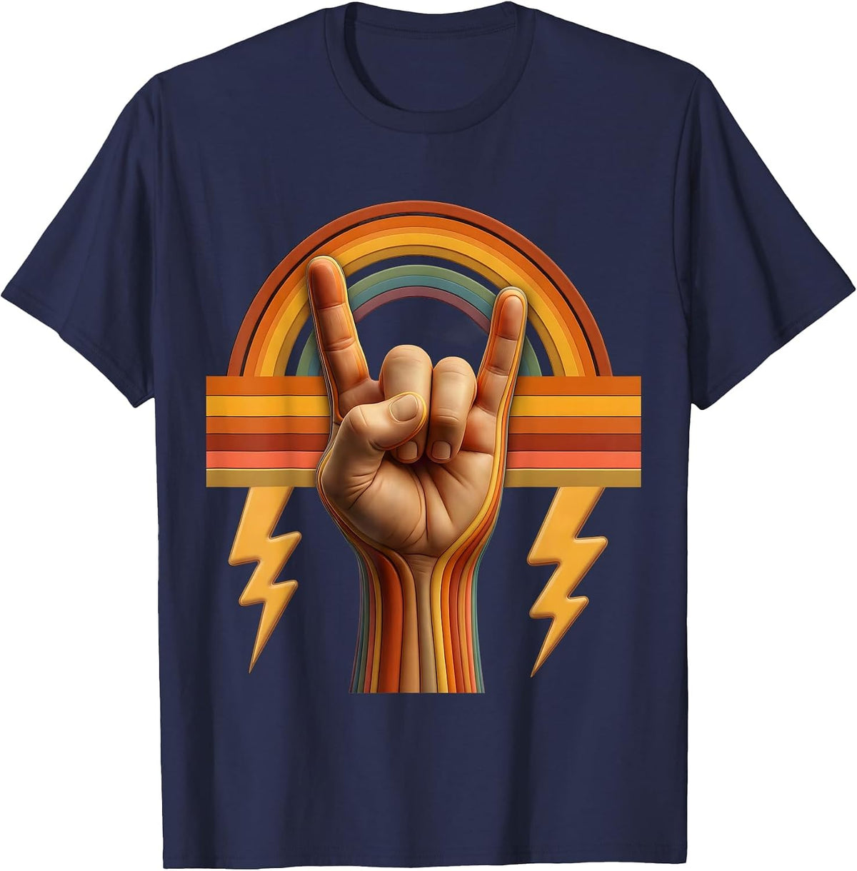 80s Rock Metal Horns Hand Sign Lightning Bolt T-Shirt - Navy Blue