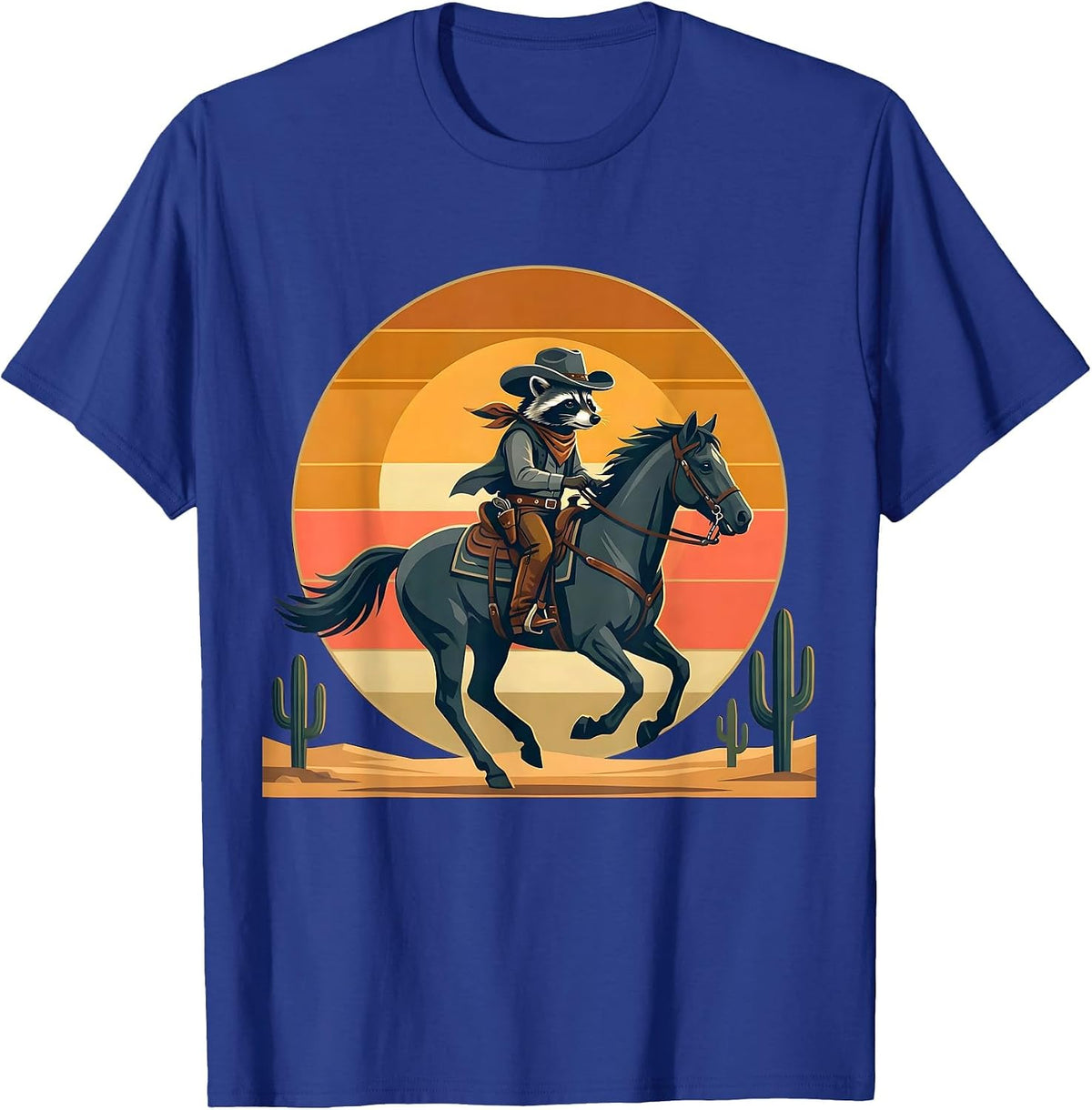 Raccoon Cowboy on Horseback Sunset Design T-Shirt - Royal Blue