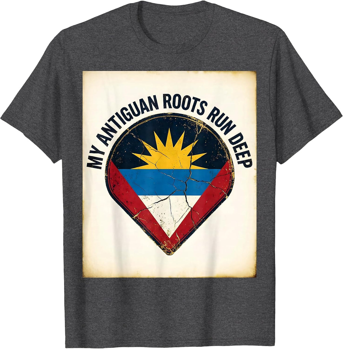 Men's My Antiguan Roots Run Deep Distressed Flag National Pride T-Shirt - Dark Heather Grey