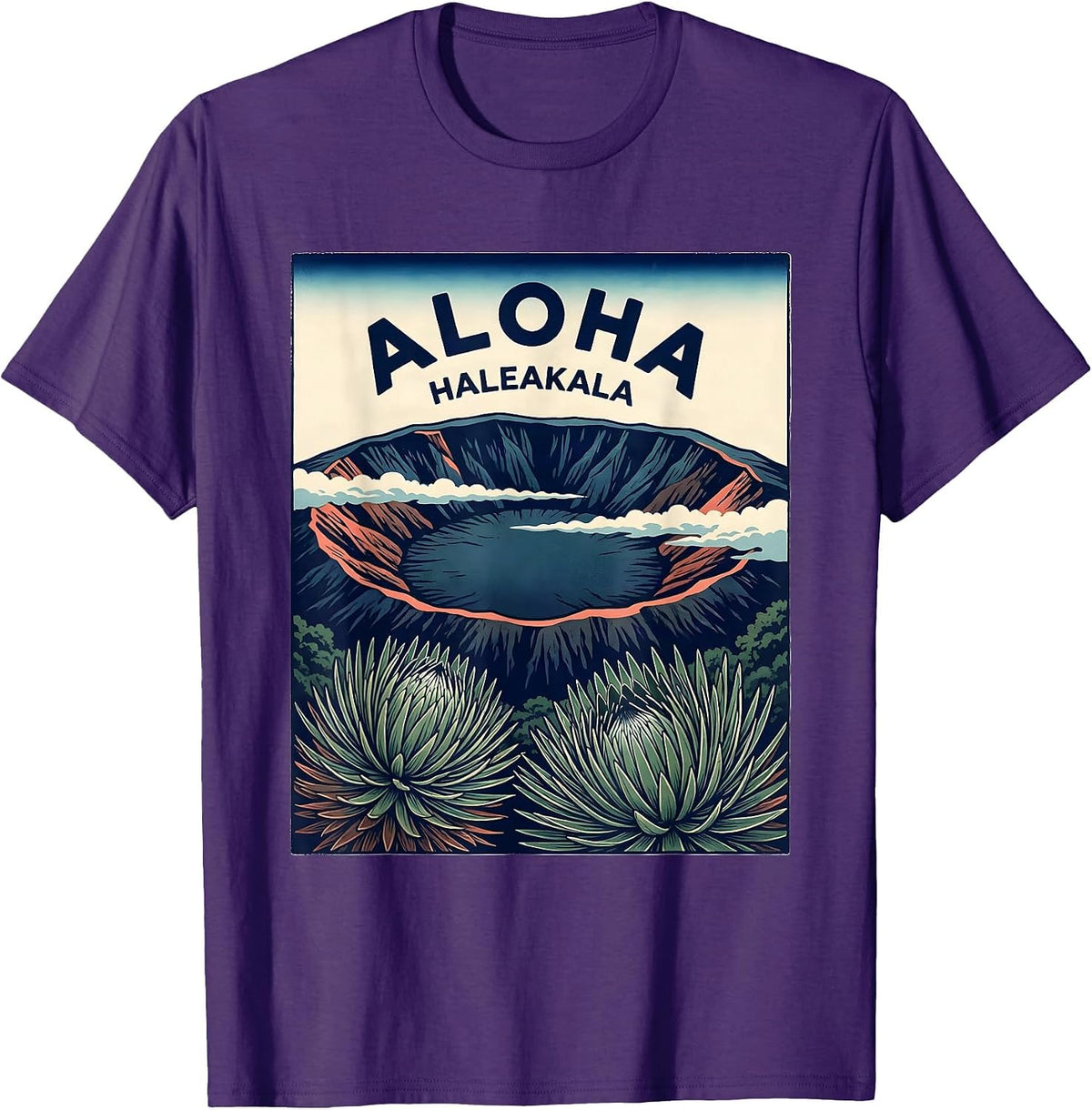 Aloha Haleakala Ukiyo E Vintage Hawaii Luau Party Souvenir T-Shirt - Purple
