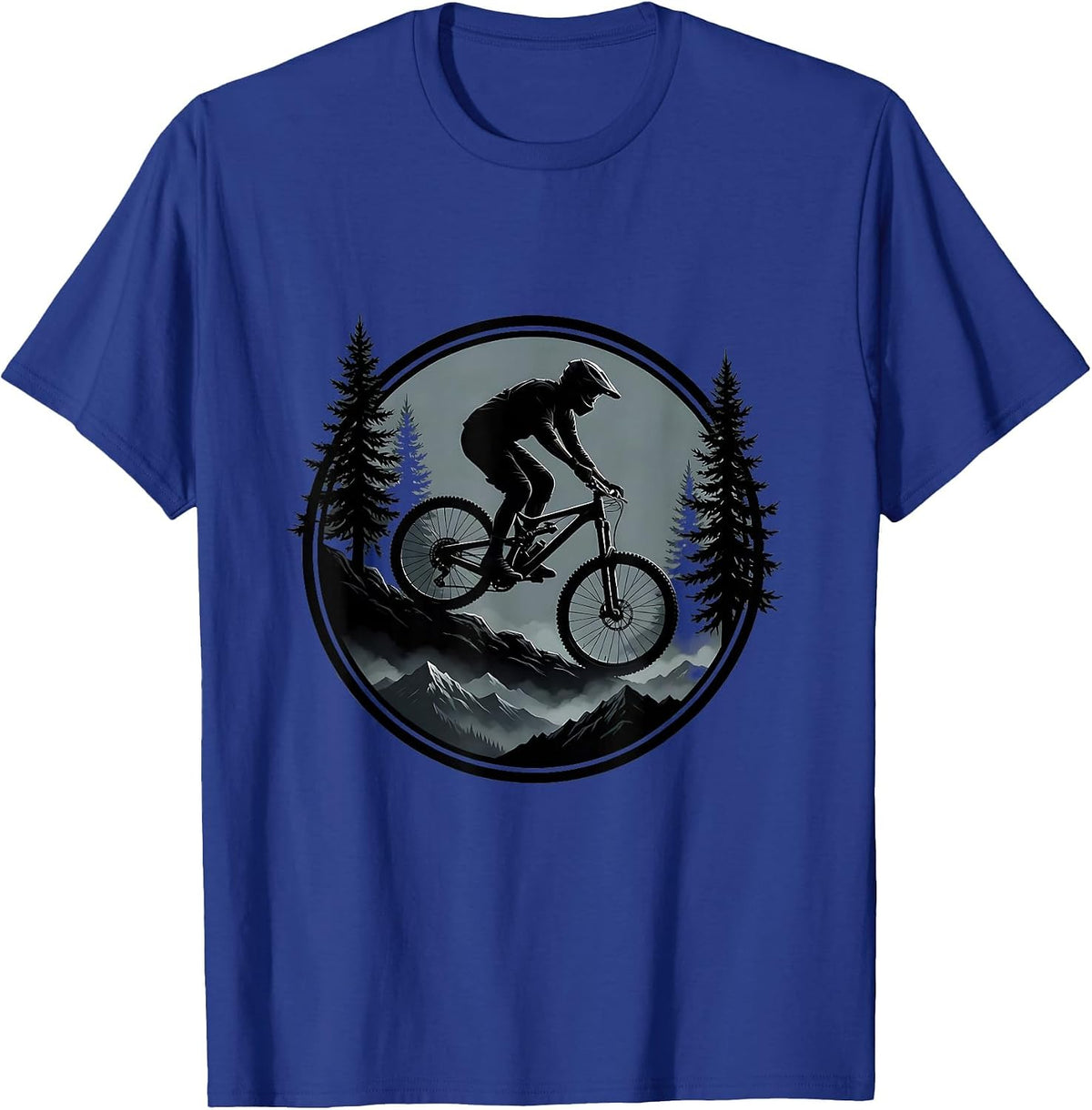 Mountain Biker Descending Misty Forest Trail T-Shirt - Royal Blue