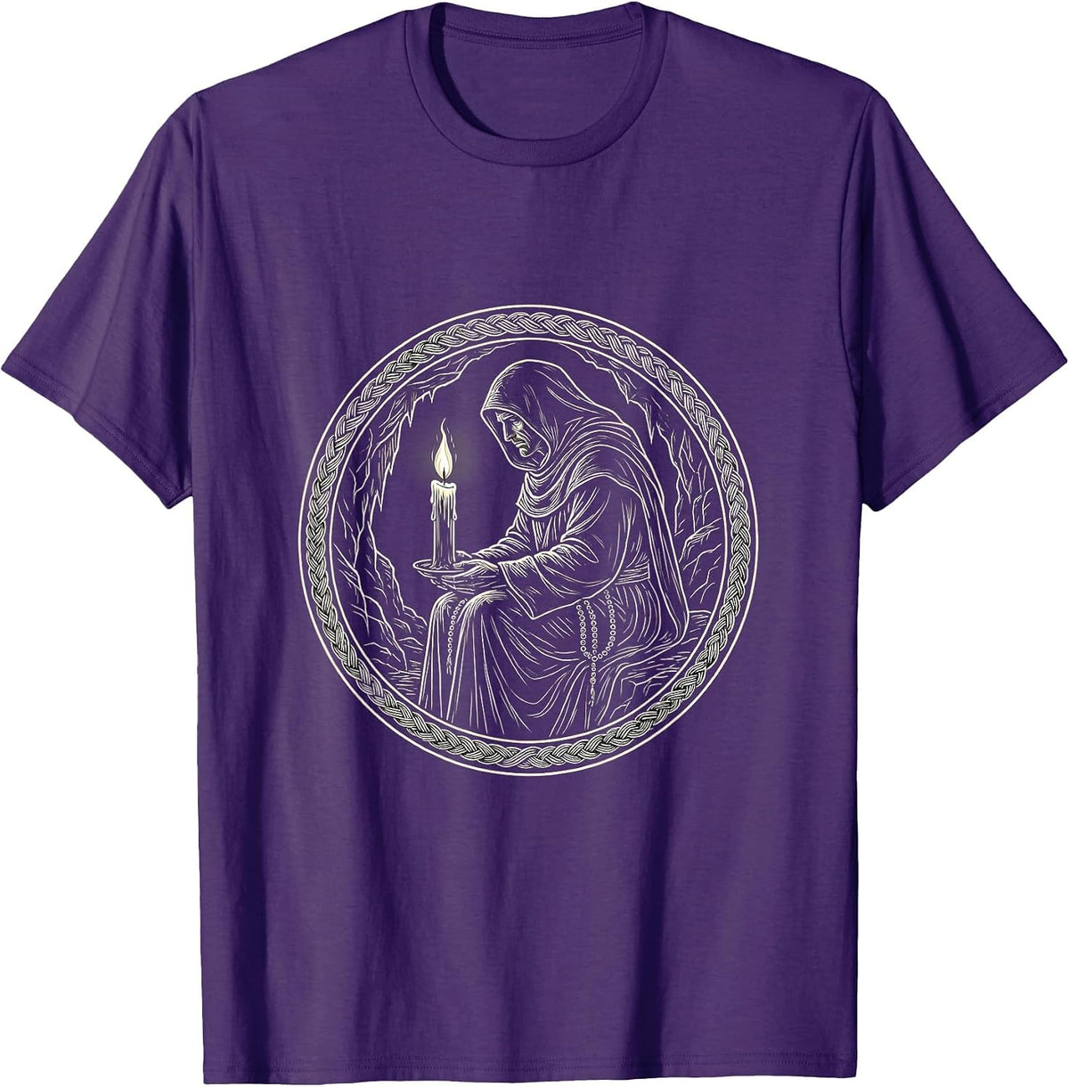 Hermit Monk Cave Candle Solitude Illustration T-Shirt - Purple