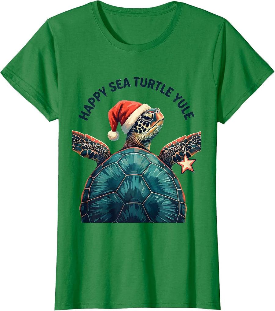 Women's Happy Sea Turtle Yule Whimsical Sea Turtle Lover Christmas T-Shirt - Kelly Green