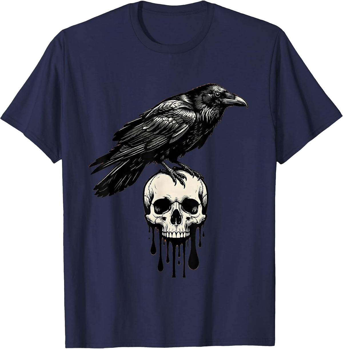 Raven Perched on Dripping Skull Halloween Design T-Shirt - Navy Blue