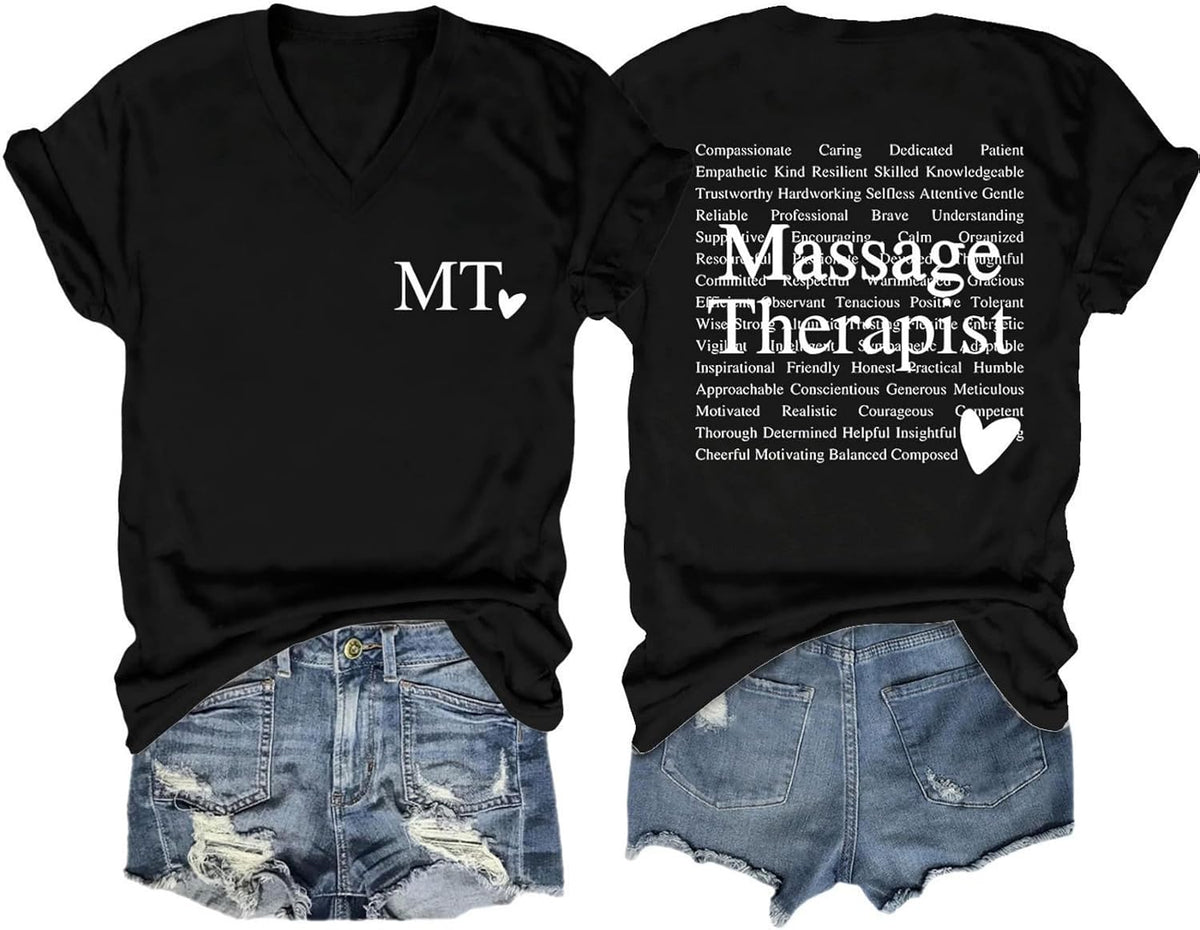 Massage Therapist Shirts for Women Summer V-Neck Short Sleeve Funny Letter Print Tees Massage Therapy Shirt - Black