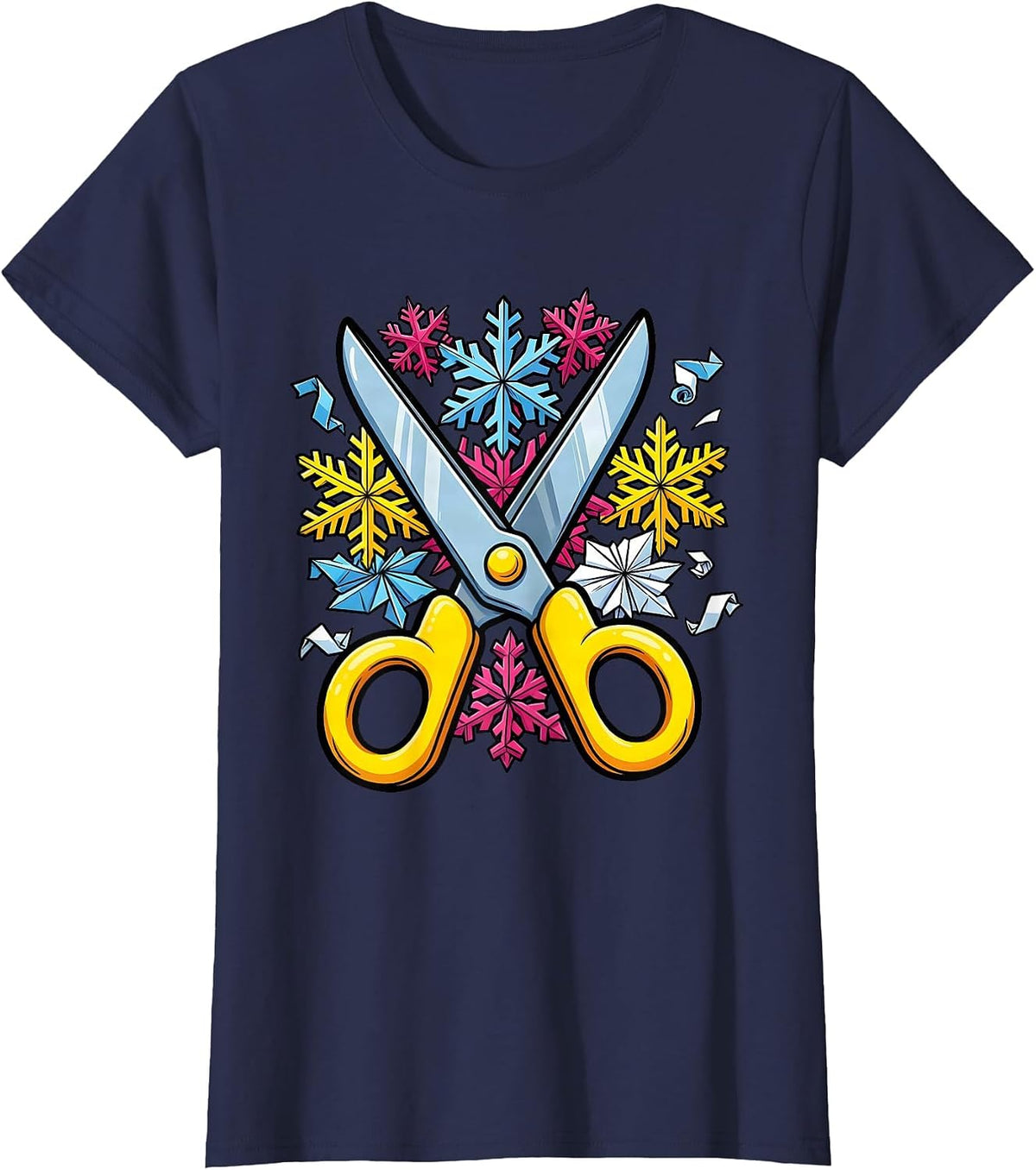 Women's Preschool Teacher Scissors and Snowflakes Design T-Shirt - Navy Blue