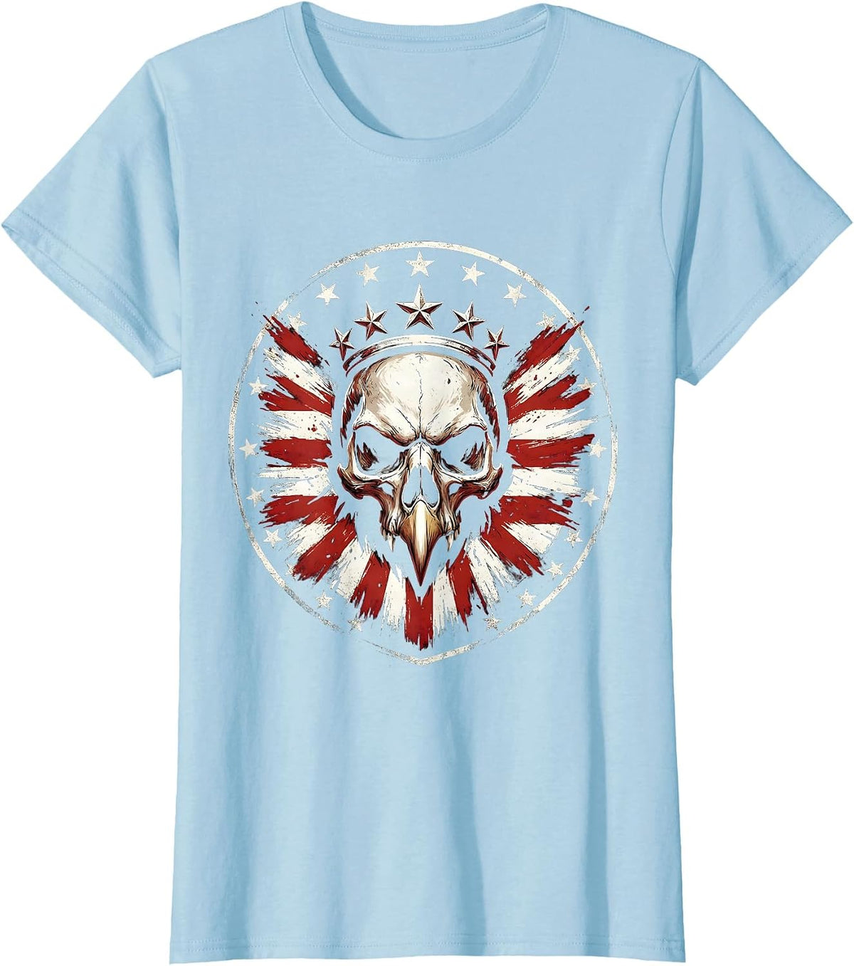 Women's Patriotic Bald Eagle Skull Star Crown Design T-Shirt - Baby Blue