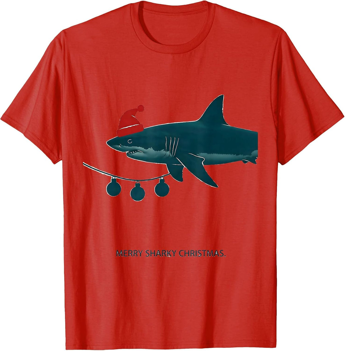 Men's Merry Sharky Christmas Funny Shark Santa Hat Holiday Lights T-Shirt - Red