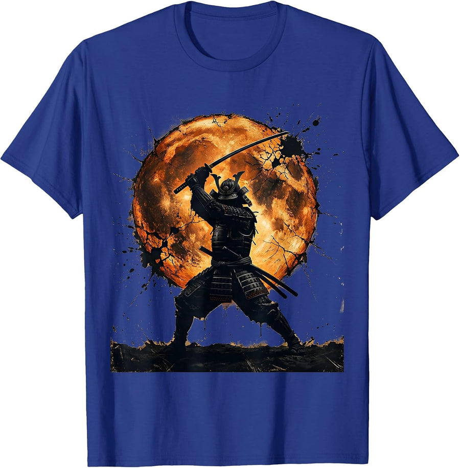 Samurai Silhouette Sunset Graphic T-Shirt - Royal Blue