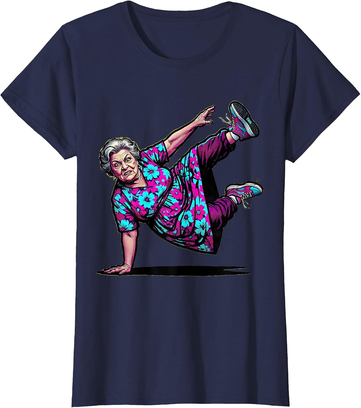 Women's Dance Grandma Hip-Hop Freeze Move Illustration T-Shirt - Navy Blue