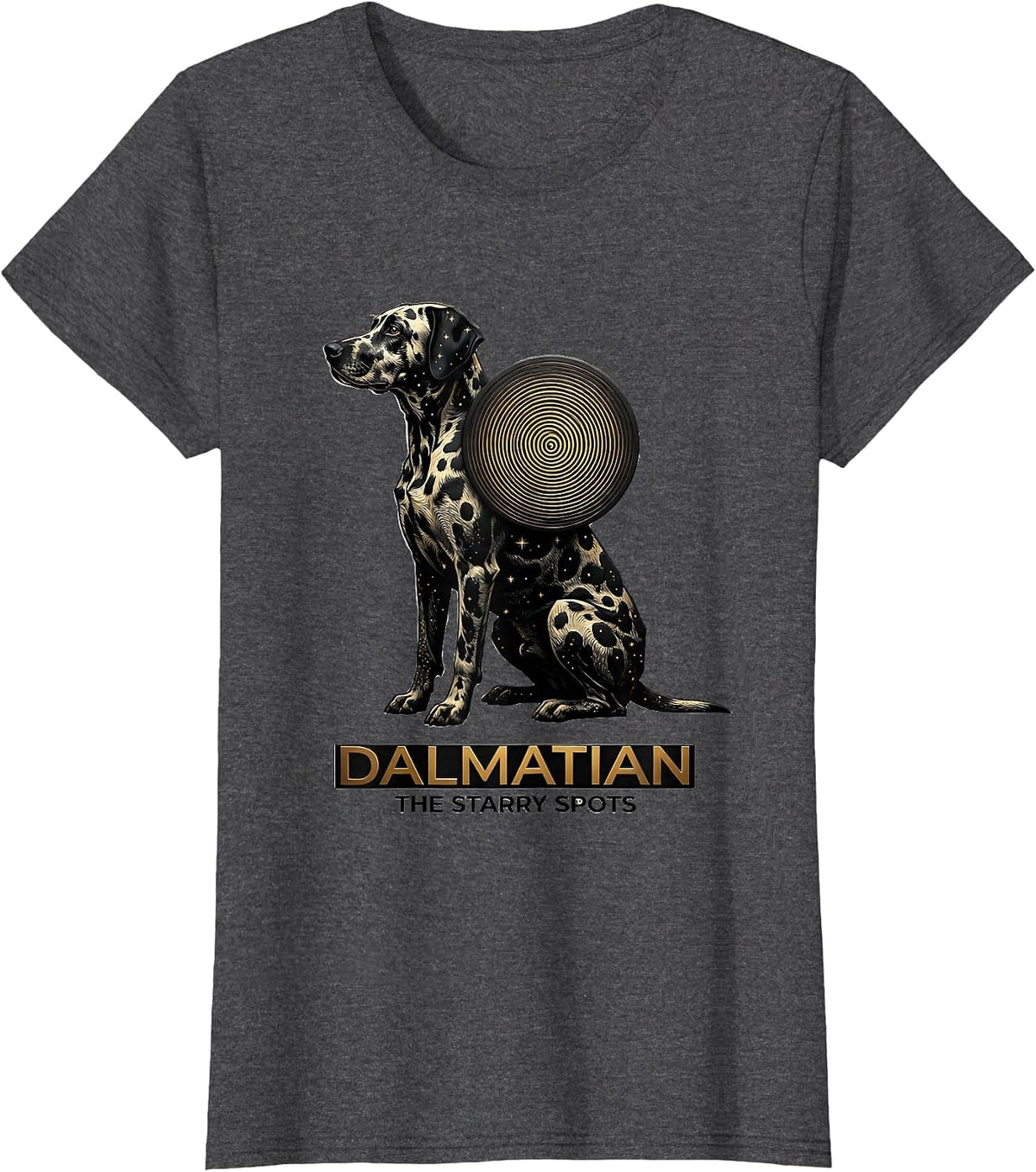 Women's Dalmatian, The Starry Spots Wood Type Letterpress Art Dog T-Shirt - Dark Heather Grey