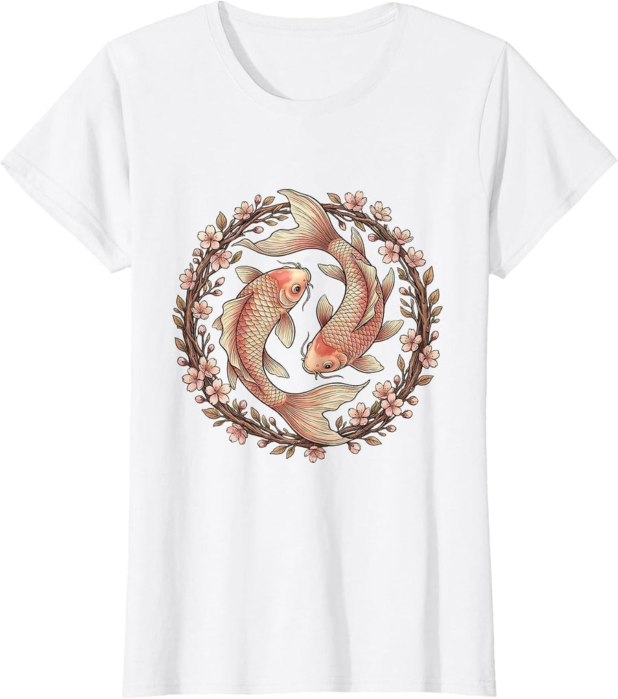 Women's Koi Fish Pink Cherry Blossom Cancer Awareness T-Shirt - White