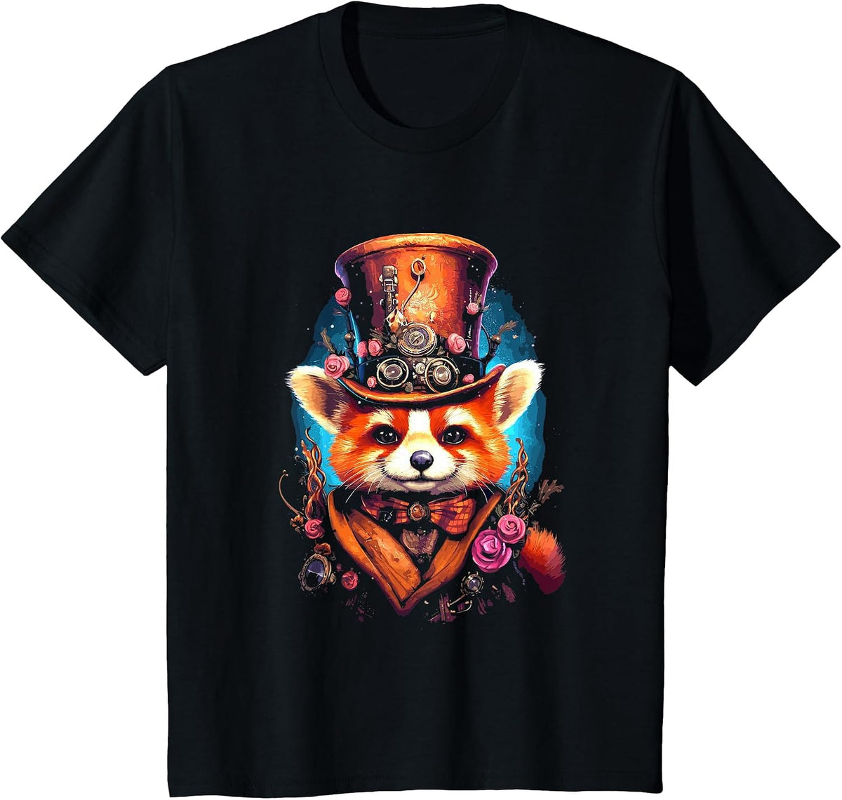 Vintage Top Hat Aristocrat Steampunk Red Panda T-Shirt - Black