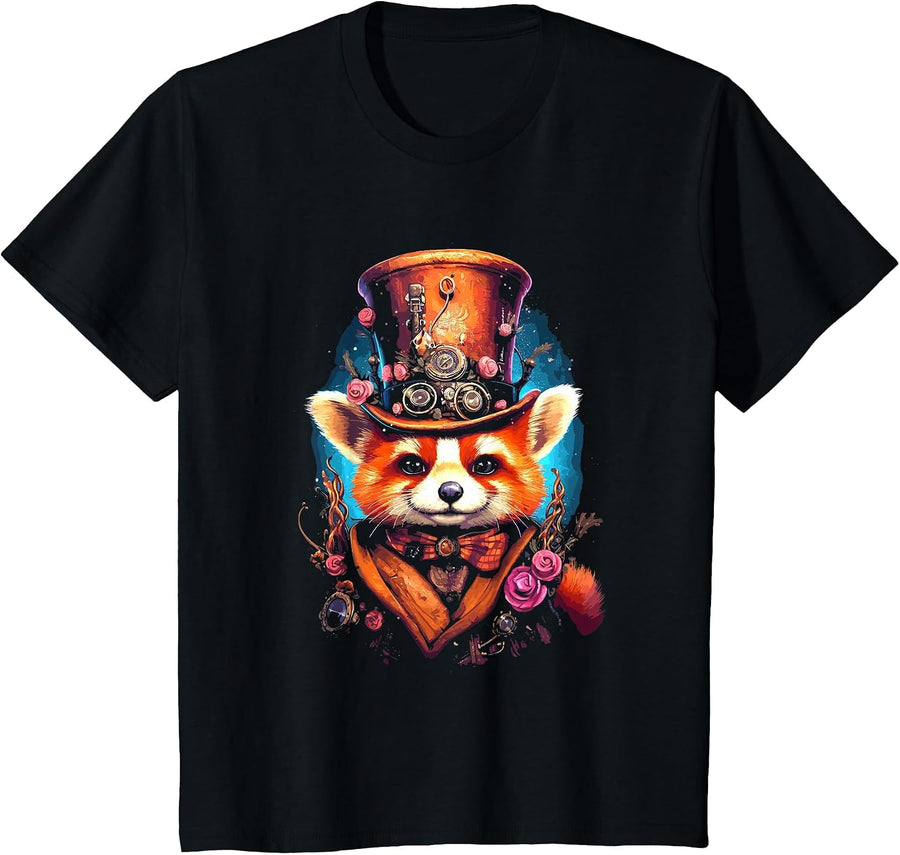 Vintage Top Hat Aristocrat Steampunk Red Panda T-Shirt - Black