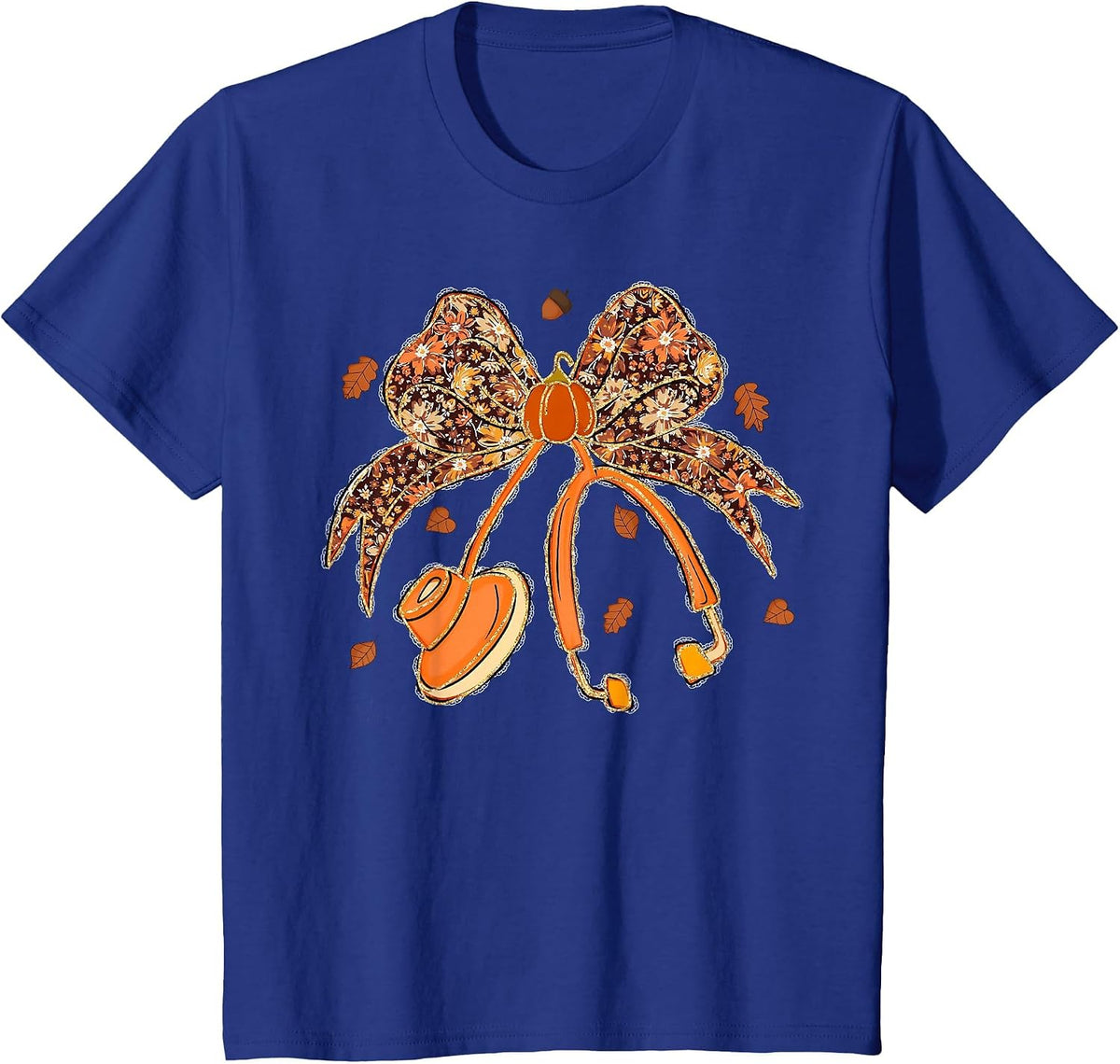 Nurse Coquette Bow Stethoscope Leaves Thanksgiving Autumn T-Shirt - Royal Blue
