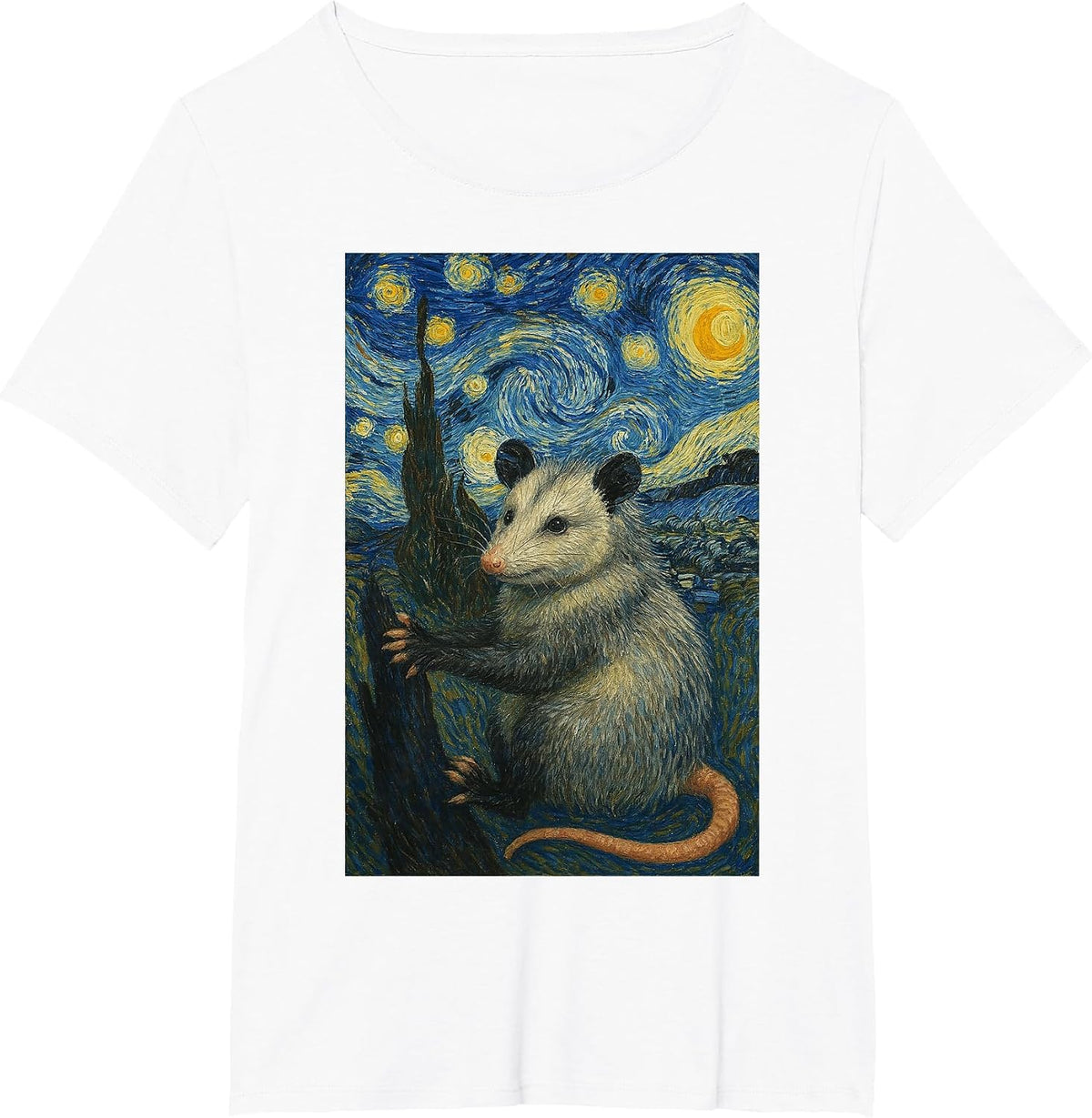 Possum Van Gogh Starry Night Style, Rodent Opossum Men Women T-Shirt - White