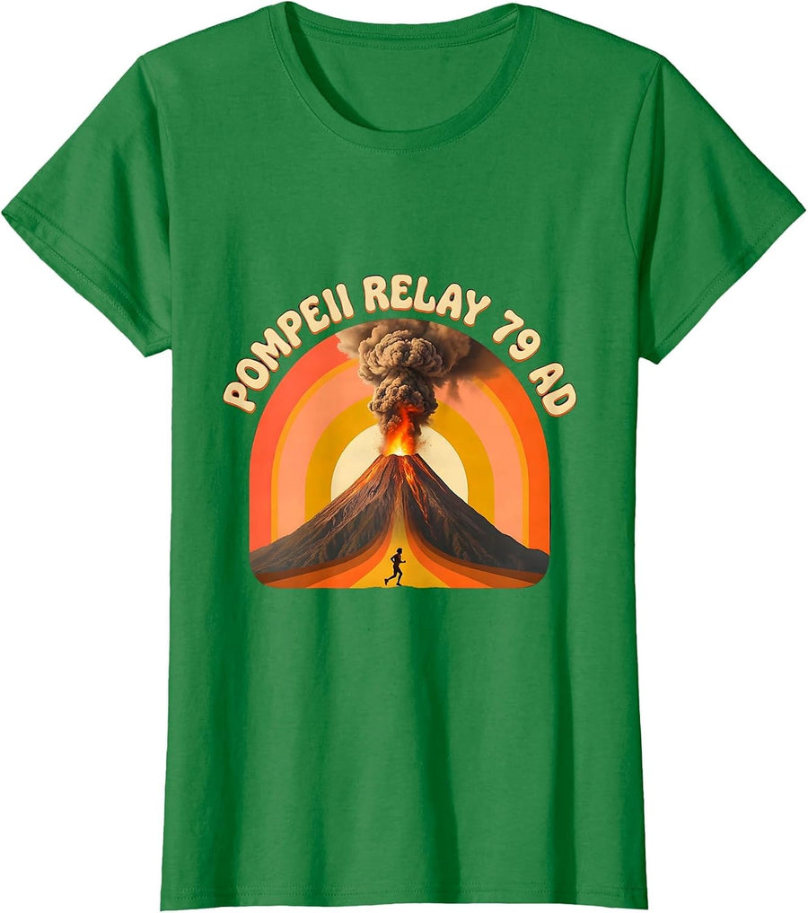 Women's Pompeii Relay 79 AD Retro 70s Funny Volcano History T-Shirt - Kelly Green