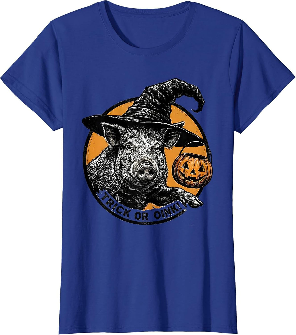 Women's Trick or Oink! Scratchboard Pig Witch Hat Halloween Costume T-Shirt - Royal Blue