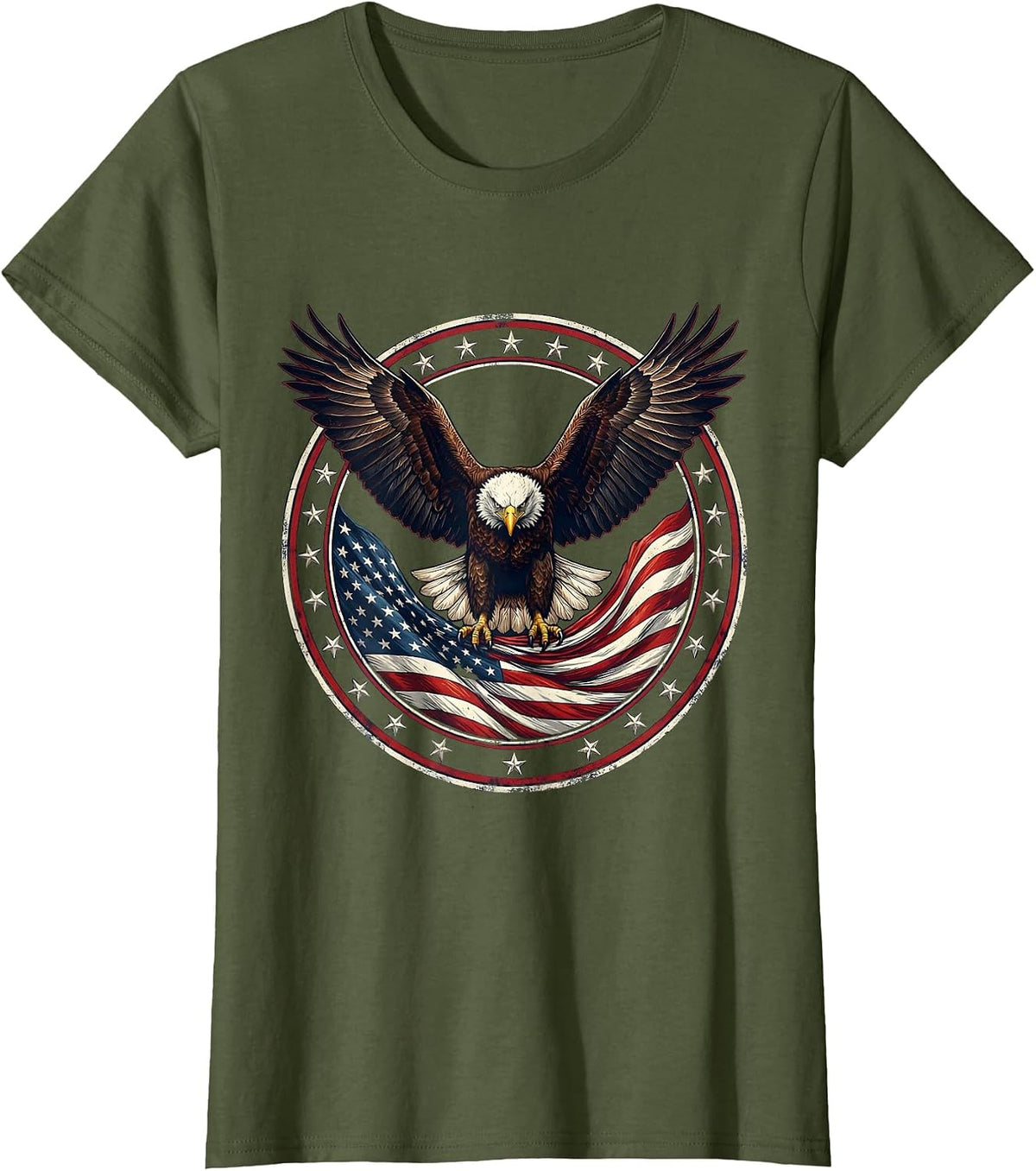 Women's Bald Eagle Soaring Over American Flag T-Shirt - Olive Green