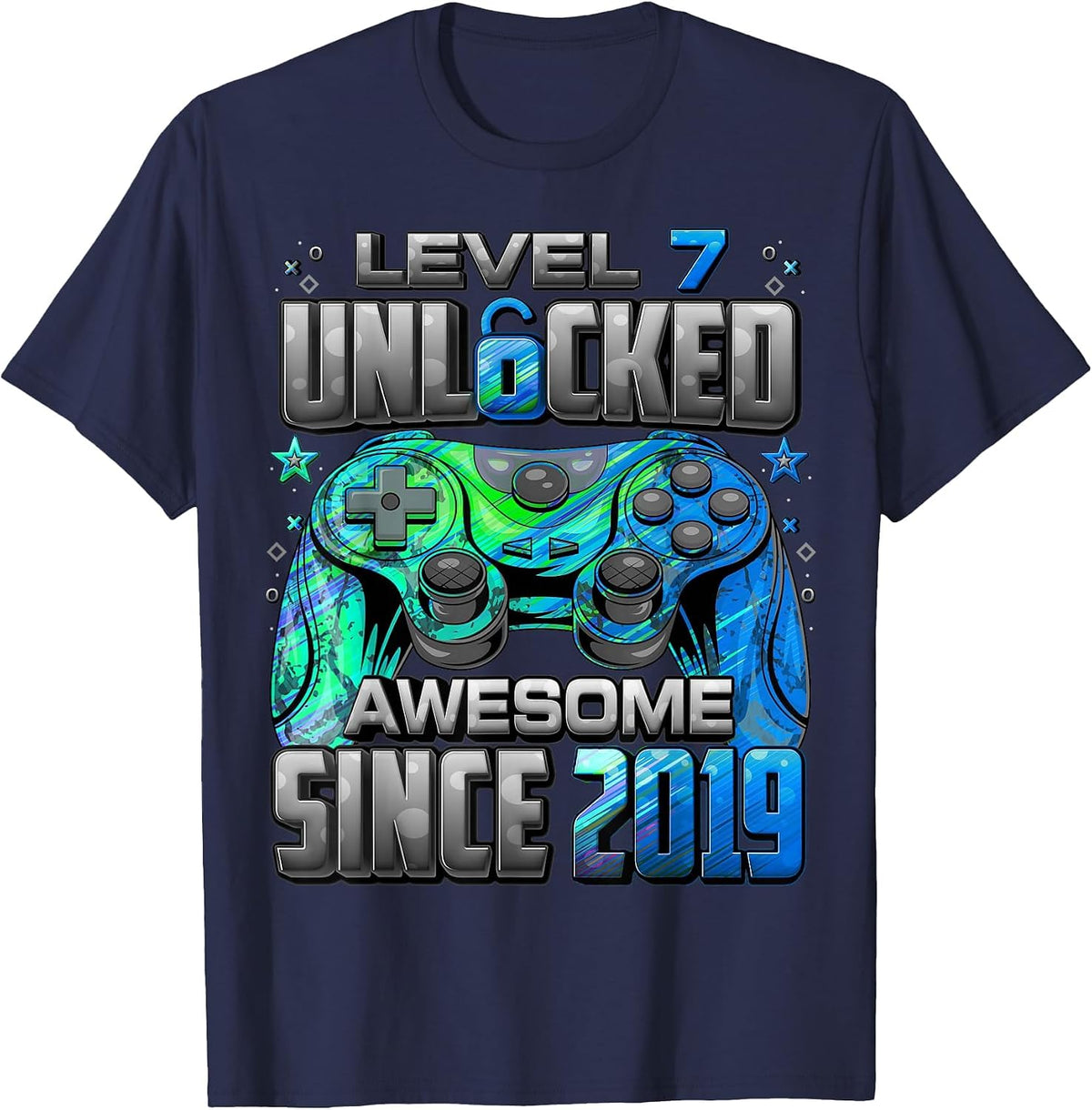 Level 7 Unlocked Awesome Since 2019 7th Birthday Gaming T-Shirt - Navy Blue