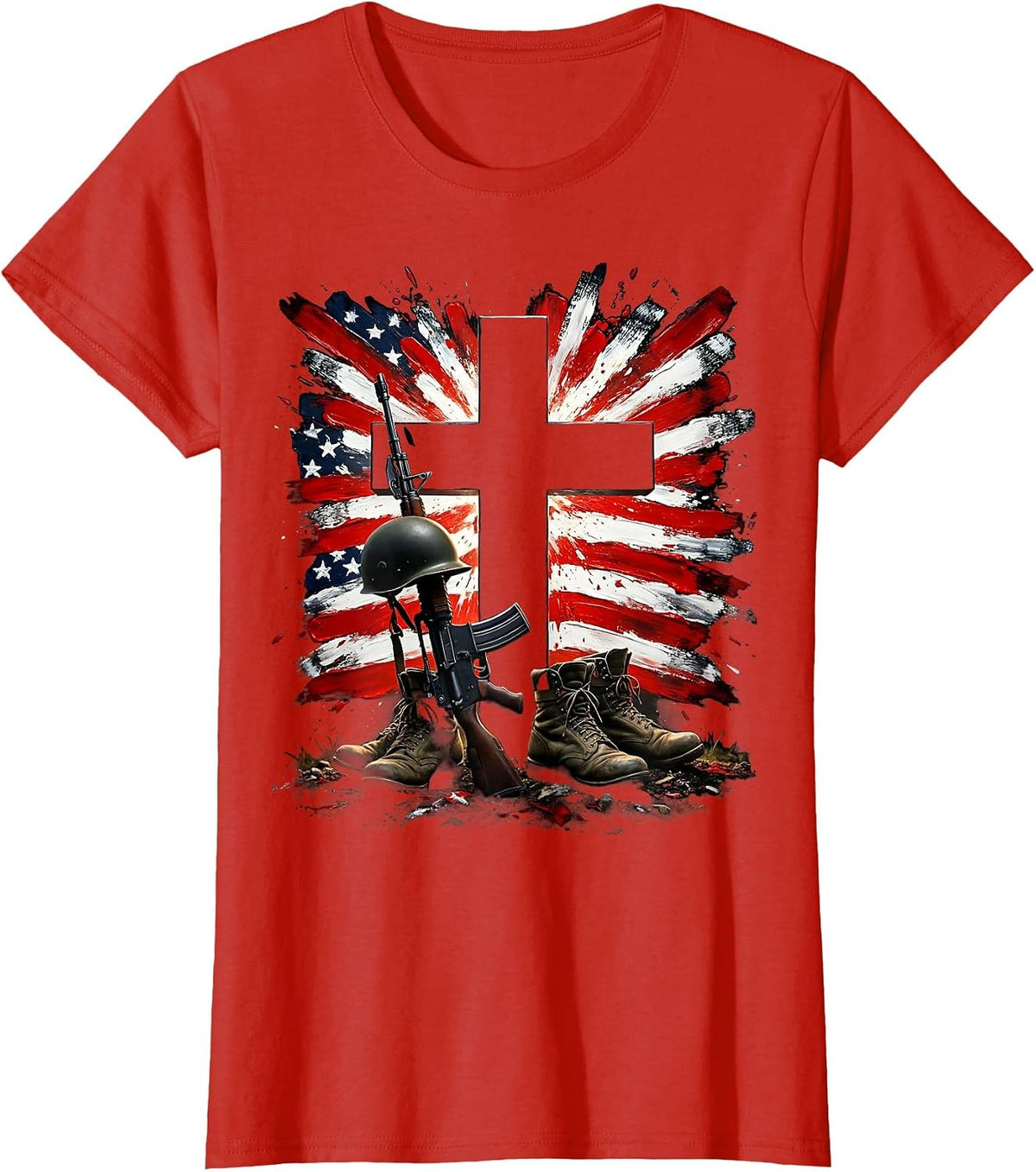 Battlefield Cross Memorial Boots and Rifle Illustration T-Shirt - Red