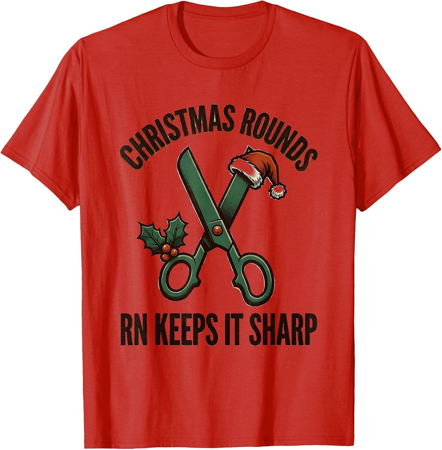 Men's Christmas Rounds RN Keeps It Sharp Vintage Nurse Christmas T-Shirt - Red