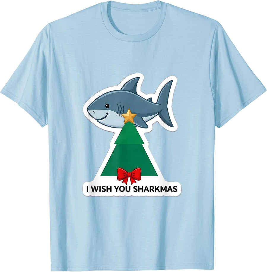 Men's I Wish You Sharkmas Funny Shark Lover Christmas Pun Novelty T-Shirt - Baby Blue