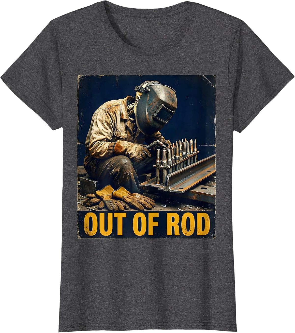 Women's Out Of Rod Vintage Welder Skeleton Tradesman Humor T-Shirt - Dark Heather Grey