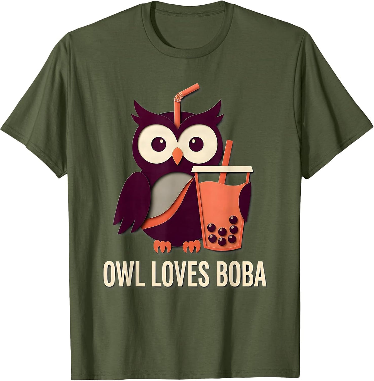 Men's Owl Loves Boba Cute Kawaii Animal Boba Tea Lover Gift T-Shirt - Olive Green