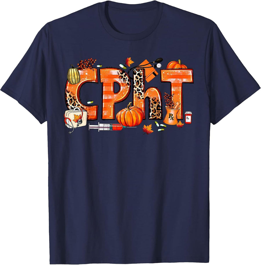 CPHT Pharmacy Technician Fall Autumn Pumpkin Thanksgiving T-Shirt - Navy Blue