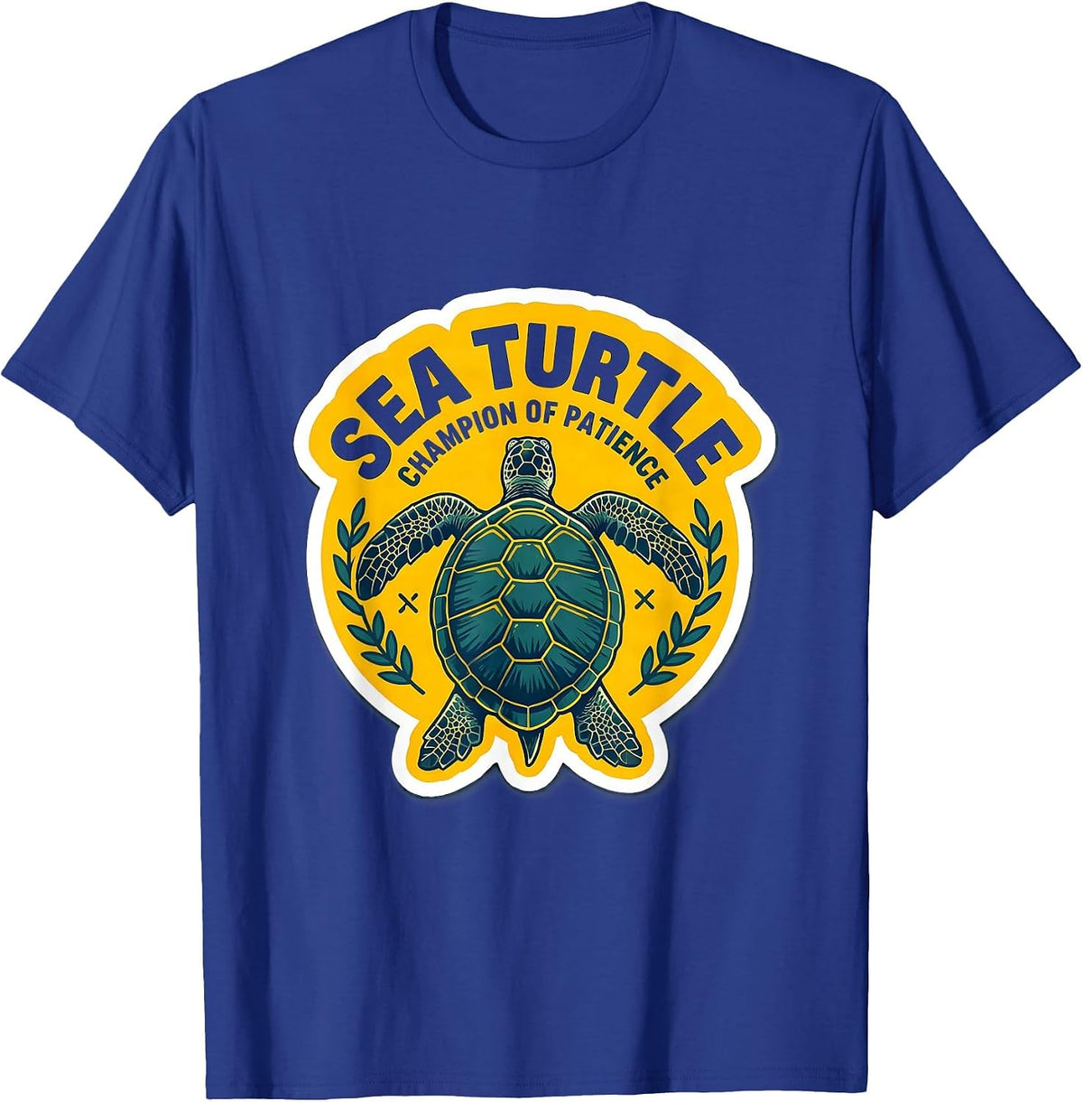 Men's Sea Turtle Champion of Patience Funny Turtle Lover Sticker T-Shirt - Royal Blue