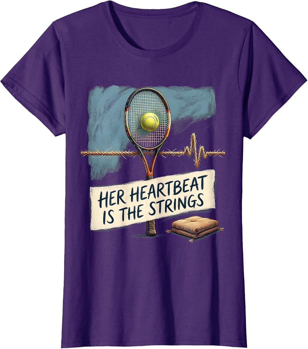 Women's Her Heartbeat Is The Strings Storybook Tennis Lover Gift T-Shirt - Purple