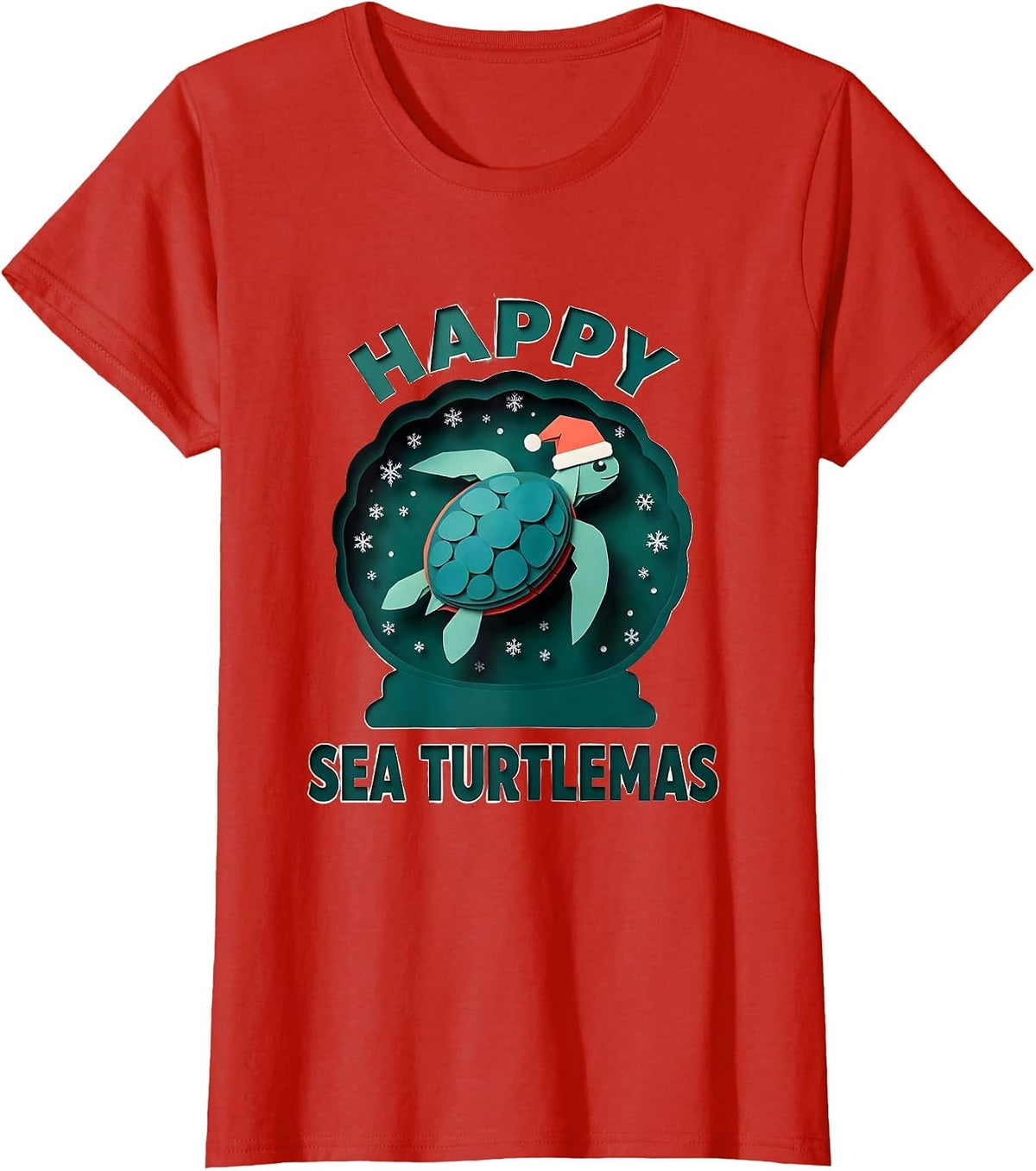 Happy Sea Turtlemas Paper Cutout Christmas Sea Turtle Lover T-Shirt - Red