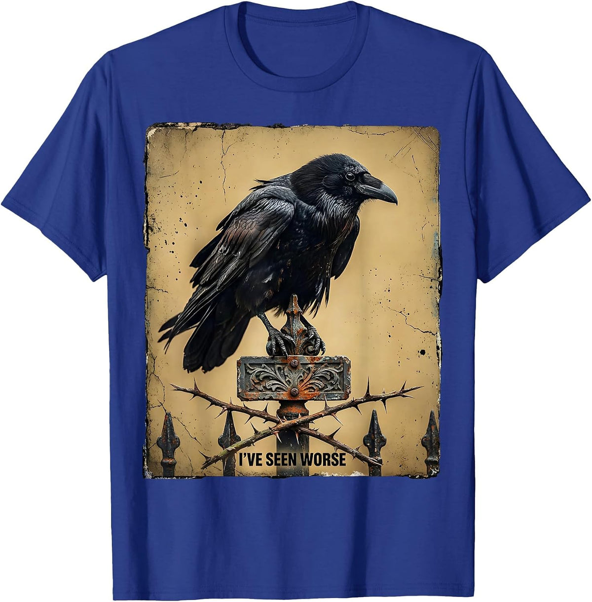 Men's I've Seen Worse Distressed Gothic Crow Raven Dark Humor T-Shirt - Royal Blue