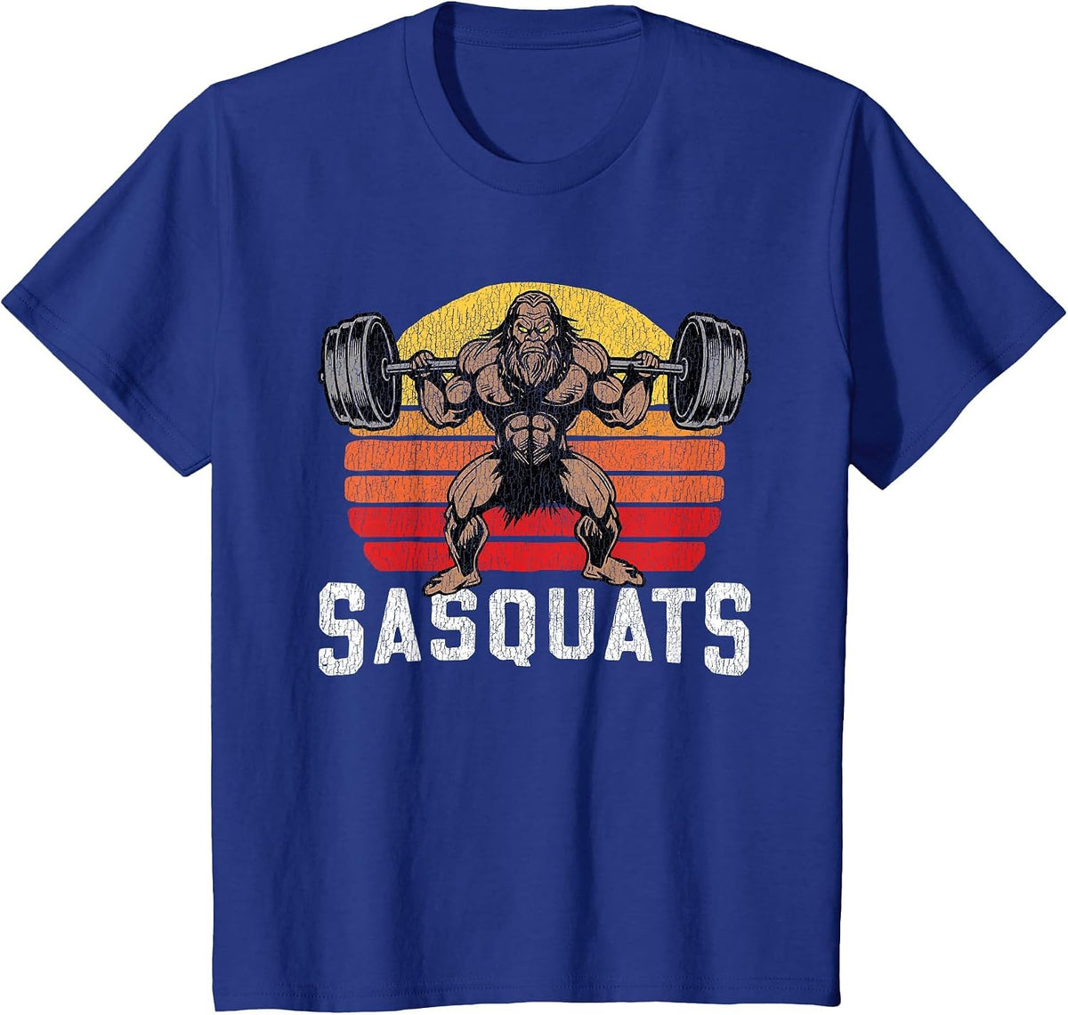 Sasquats Leg Day Weightlifting Bigfoot Squat Distressed 80s T-Shirt - Royal Blue