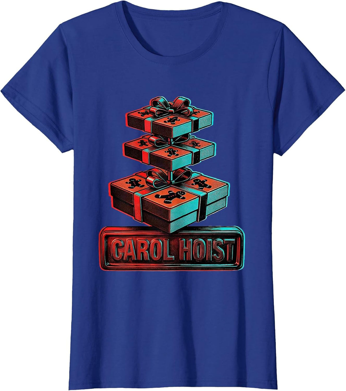 Women's Carol Hoist Pop Art Christmas Gingerbread Gym Weightlifting T-Shirt - Royal Blue