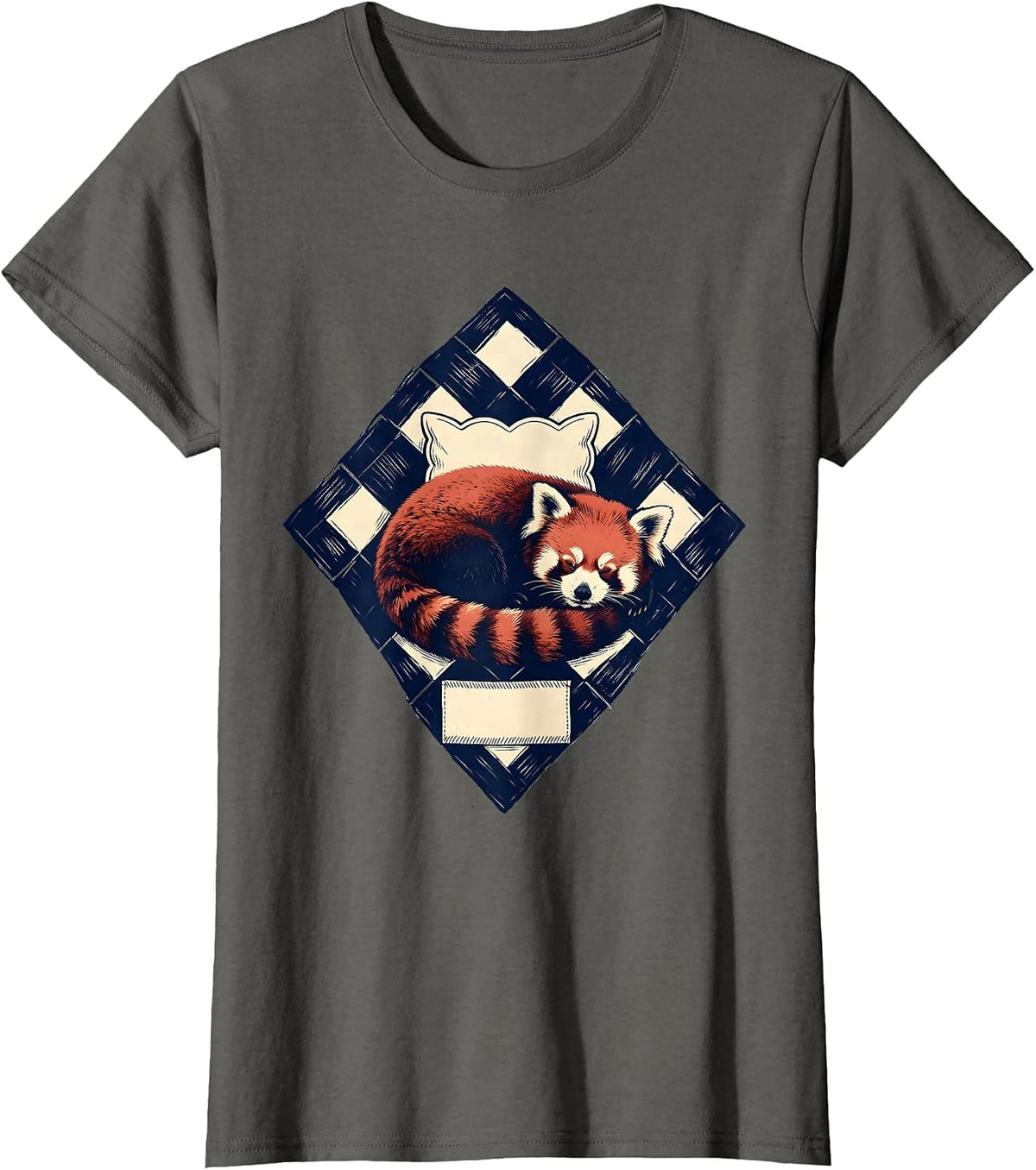 Women's Interlocked Diamond Quilt Sleeping Red Panda Pajama Humor T-Shirt - Asphalt Grey