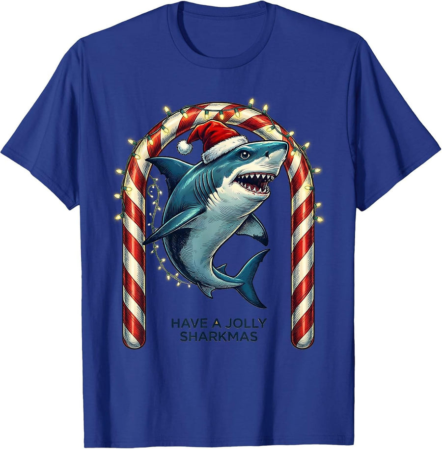 Have a Jolly Sharkmas Funny Shark Santa Hat Christmas Lights T-Shirt - Royal Blue