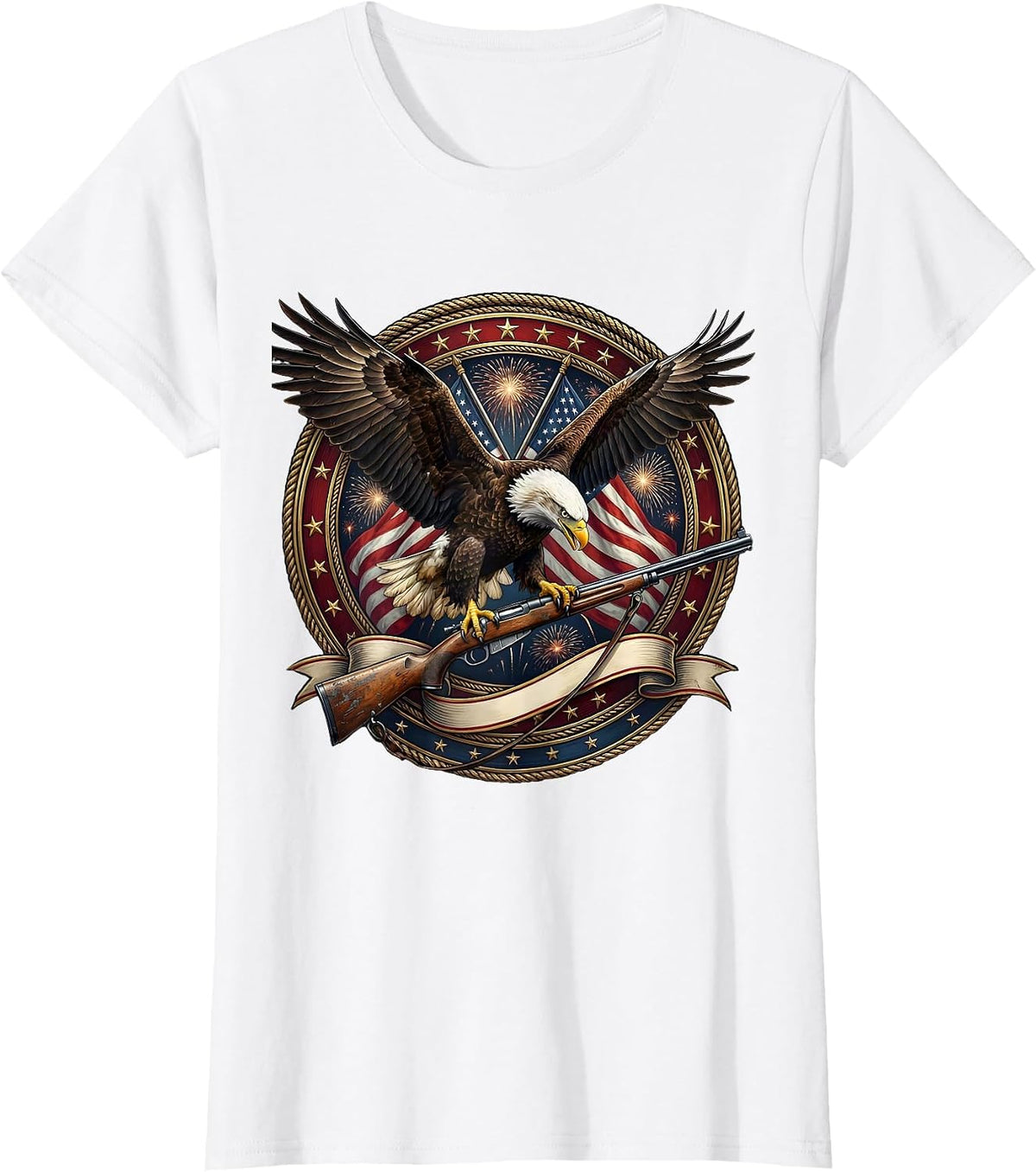 Bald Eagle Perched on Weathered Rifle Patriotic T-Shirt - White