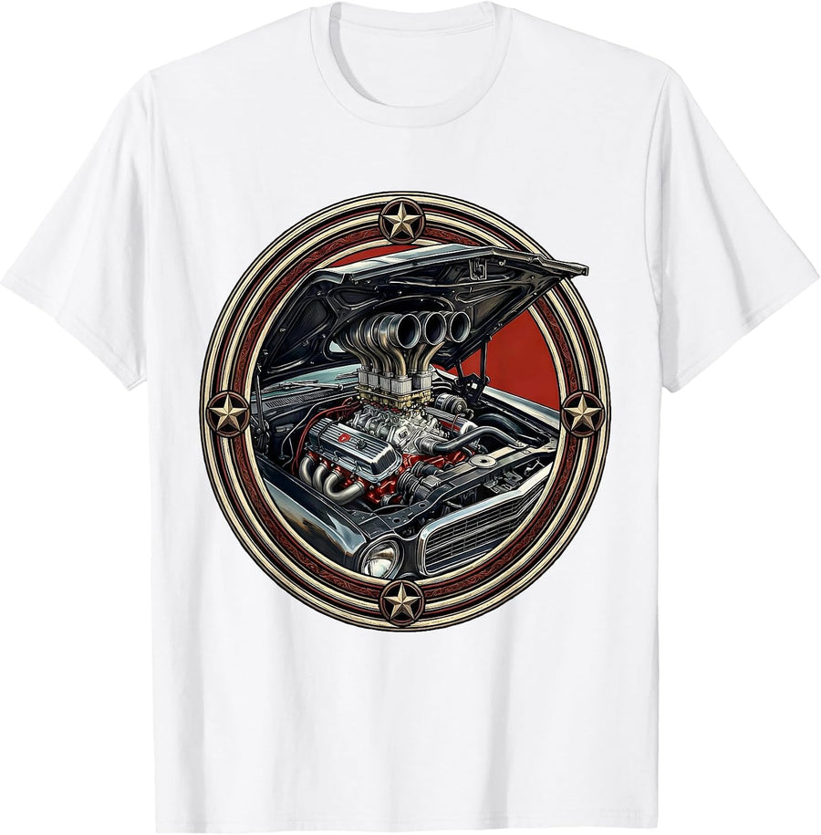 Men's Vintage Hot Rod Engine Bursting Through Hood T-Shirt - White