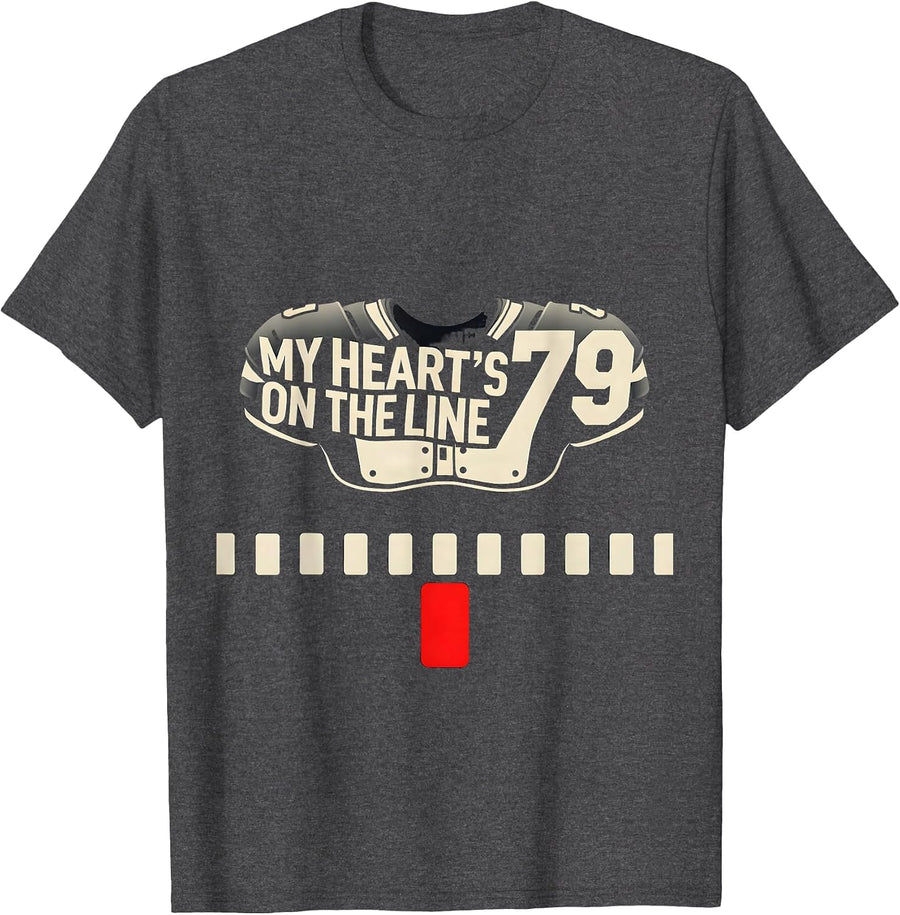 Men's My Heart's On The Line 79 Football Lineman Mom Jersey Number T-Shirt - Dark Heather Grey