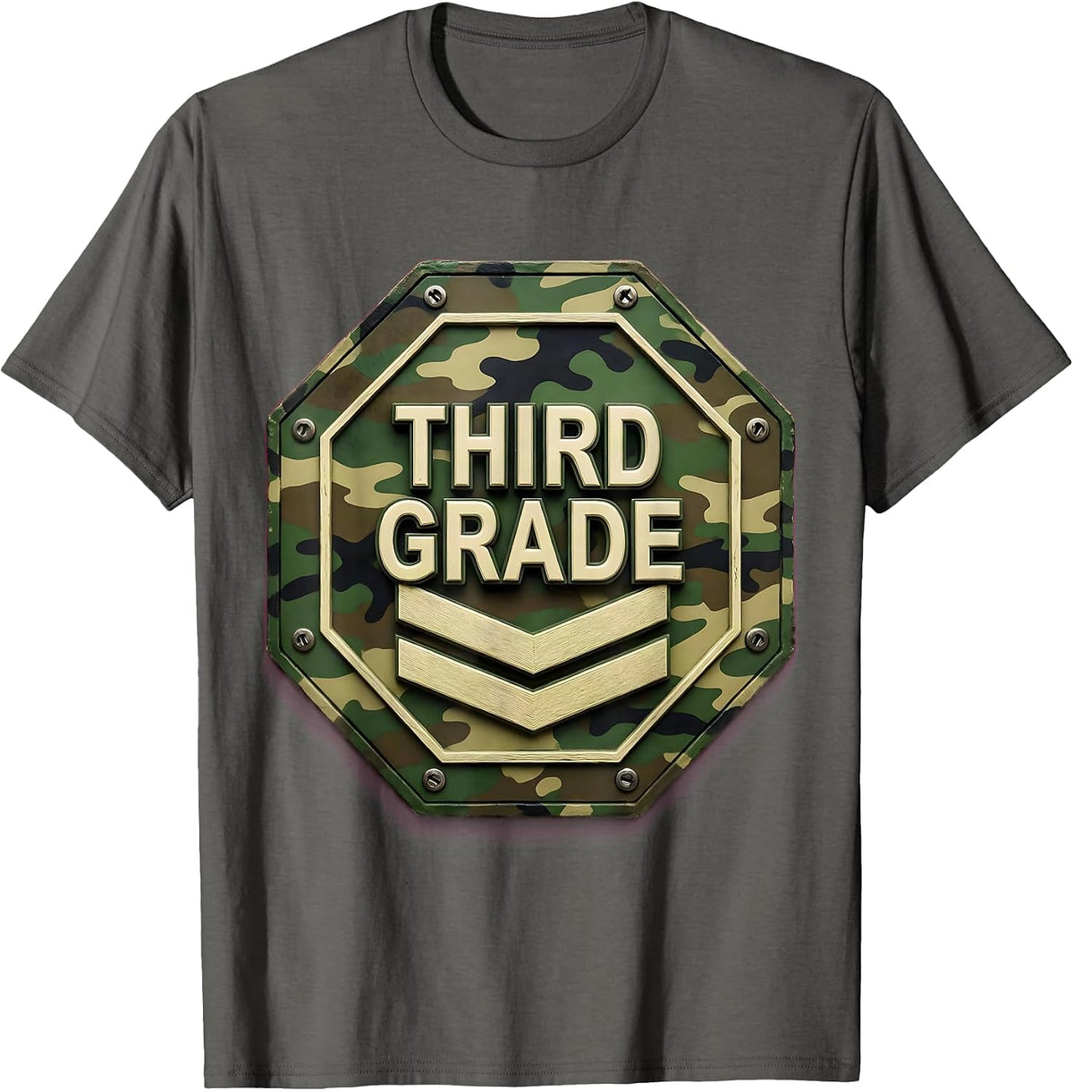 Third Grade Octagonal Camo Rank Plate Back To School Boy T-Shirt - Asphalt Grey