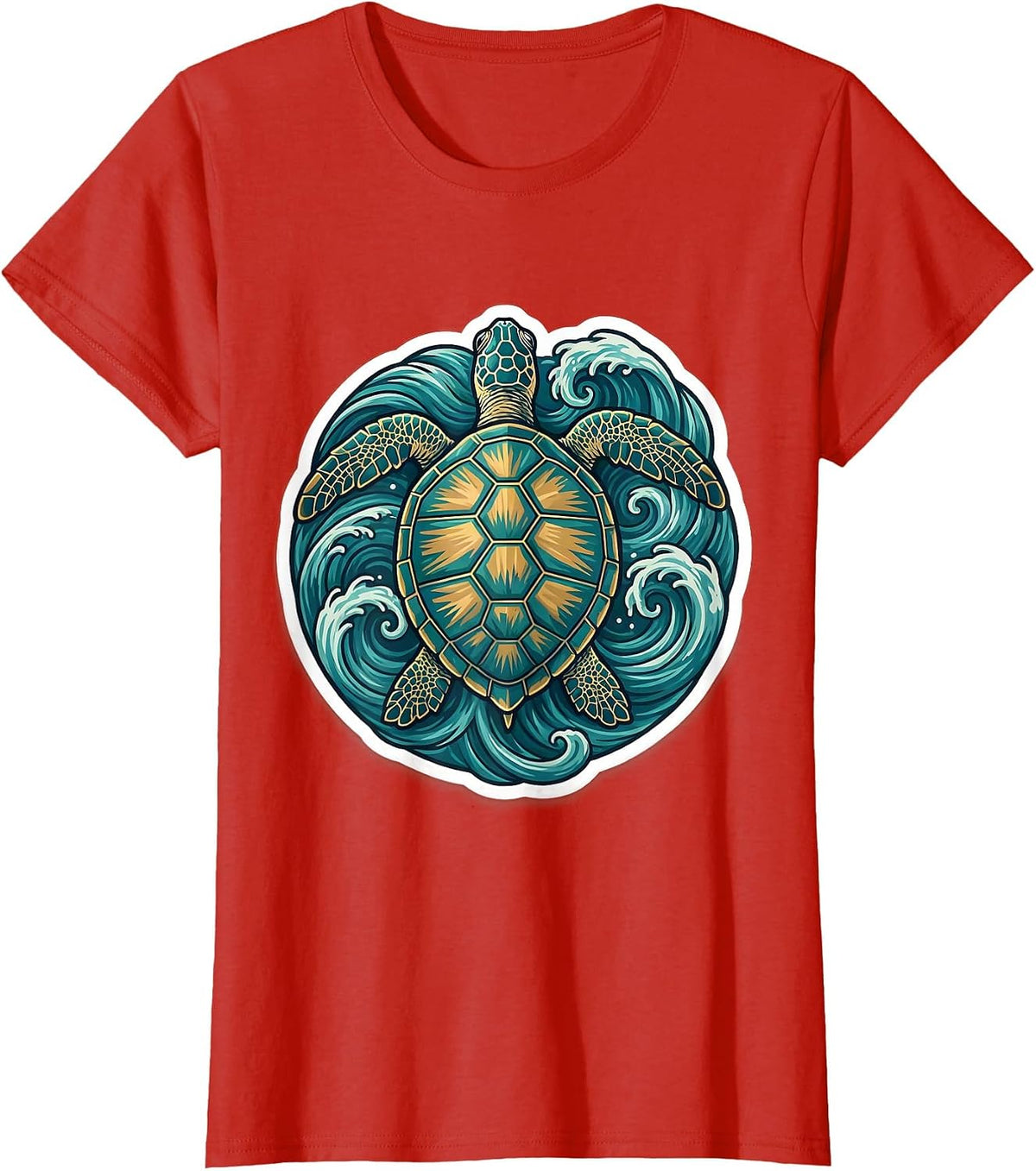 Women's Sea Turtle Ocean Waves Illustration T-Shirt - Red