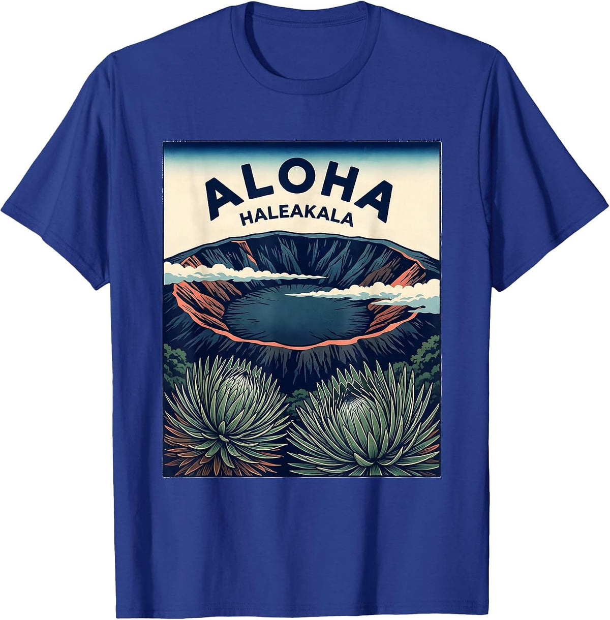 Aloha Haleakala Ukiyo E Vintage Hawaii Luau Party Souvenir T-Shirt - Royal Blue