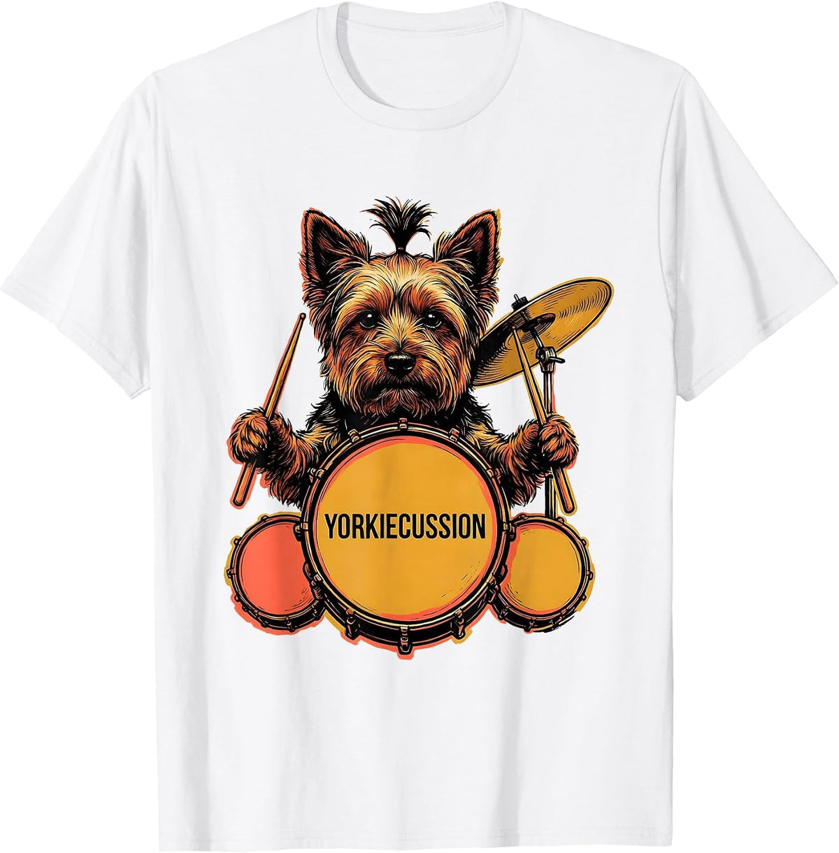 Men's Yorkiecussion Funny Yorkshire Terrier Drummer Pet Owner Rock T-Shirt - White