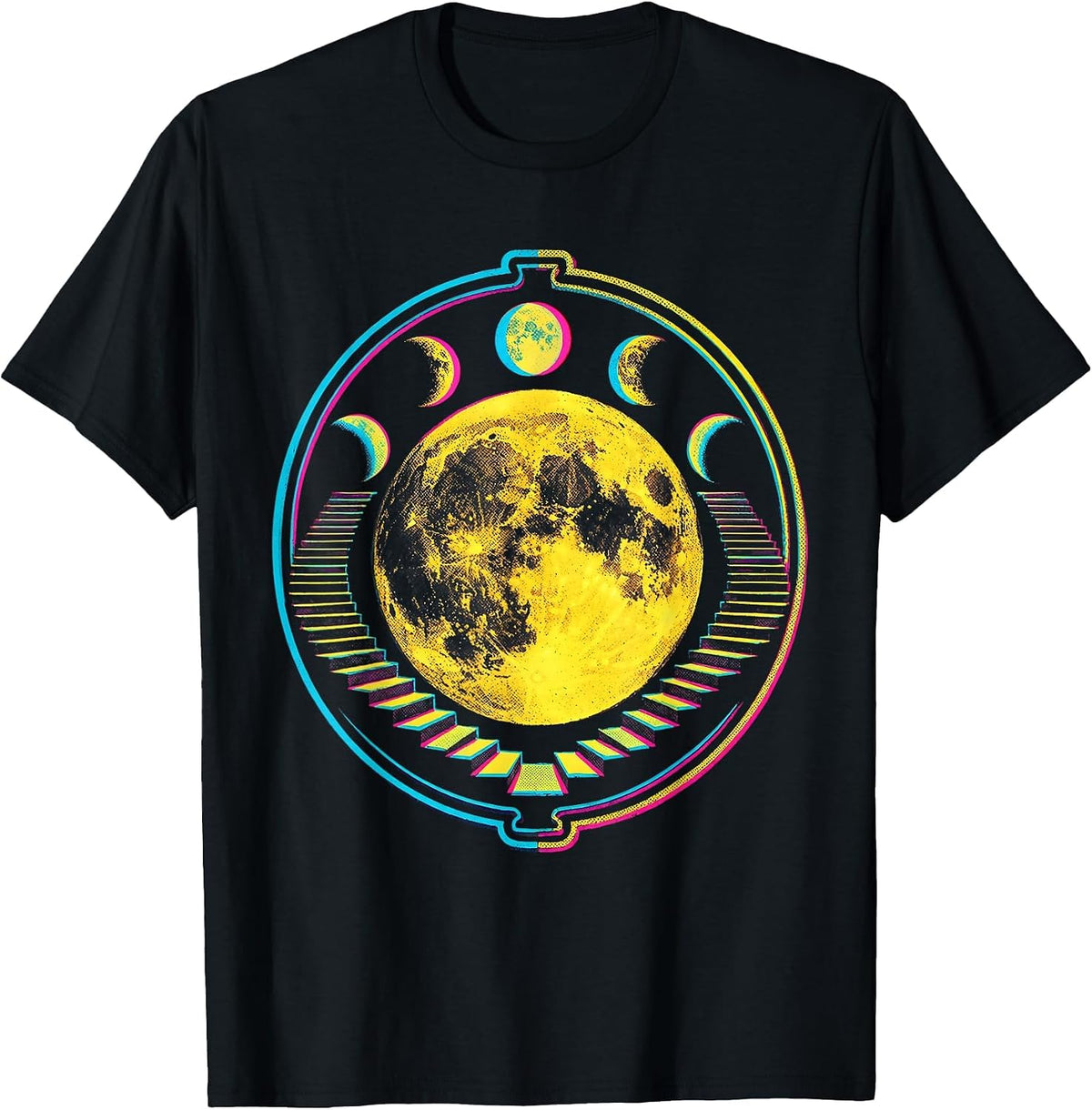 Men's Moon Phase Celestial Astronomy Boho Risograph T-Shirt - Black